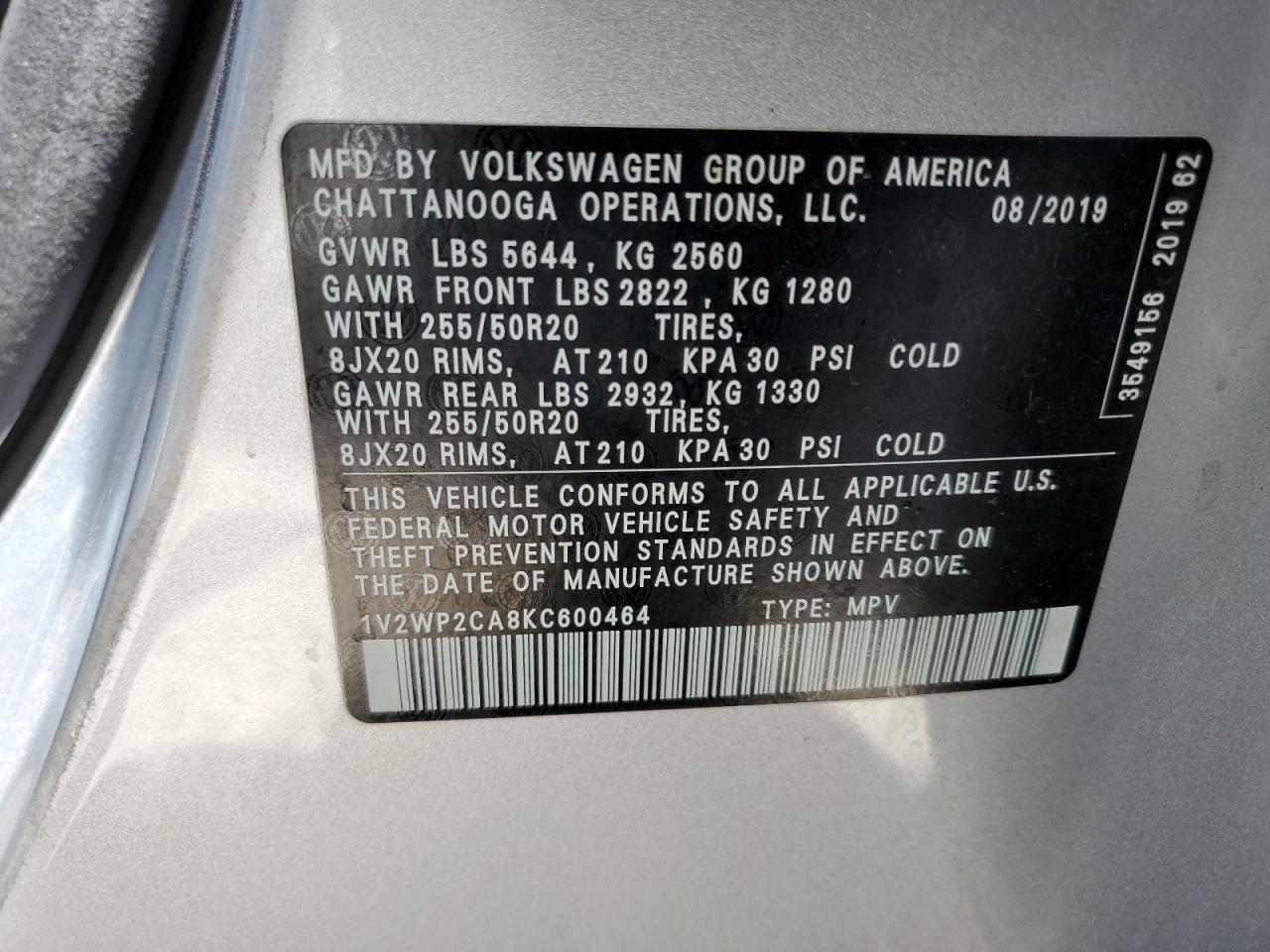 2019 Volkswagen Atlas Se VIN: 1V2WP2CA8KC600464 Lot: 65377524