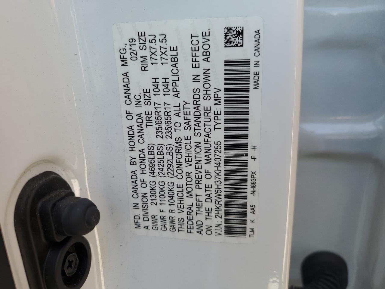 2019 Honda Cr-V Lx VIN: 2HKRW5H37KH407255 Lot: 62771324