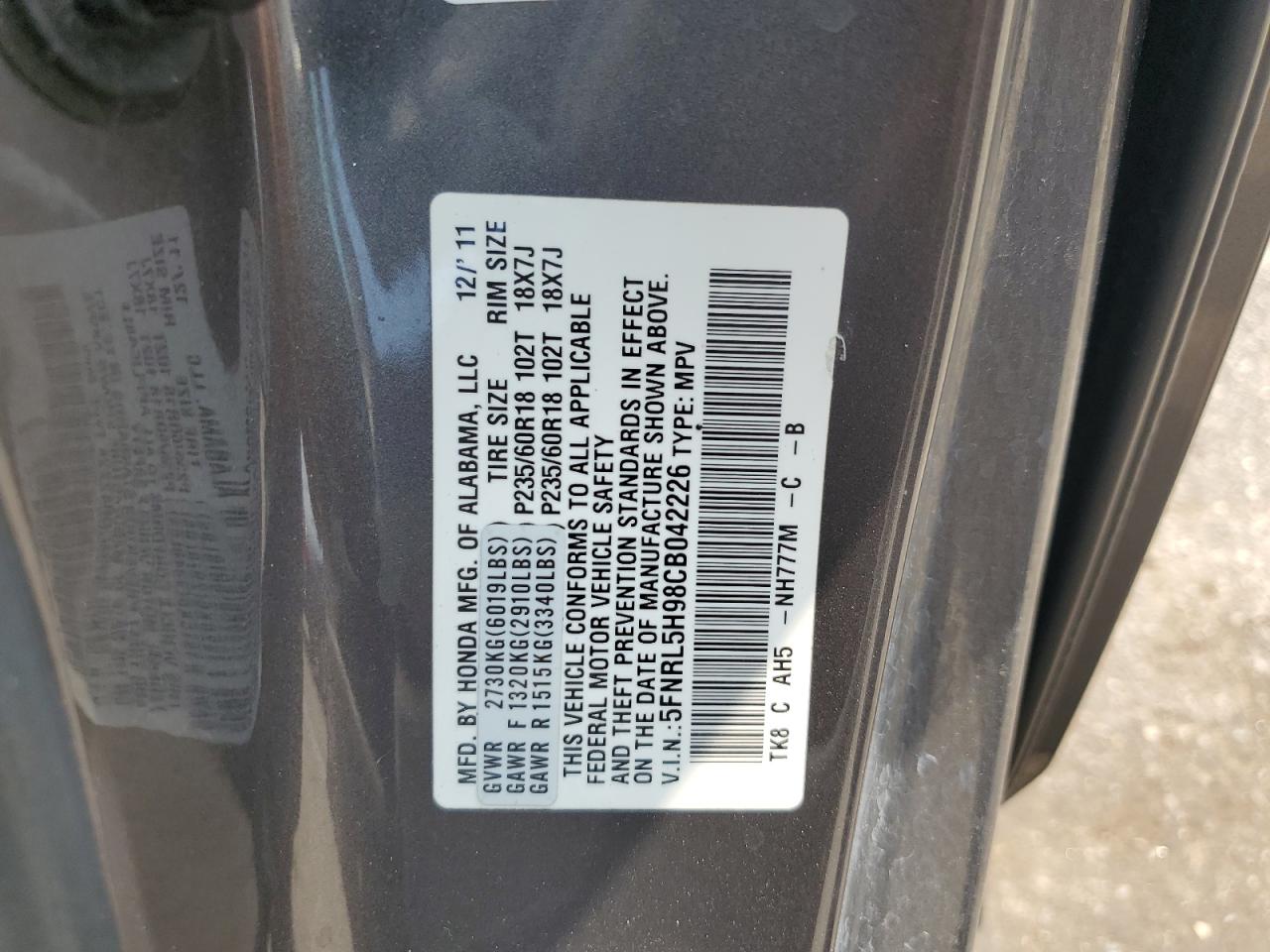 2012 Honda Odyssey Touring VIN: 5FNRL5H98CB042226 Lot: 63389224