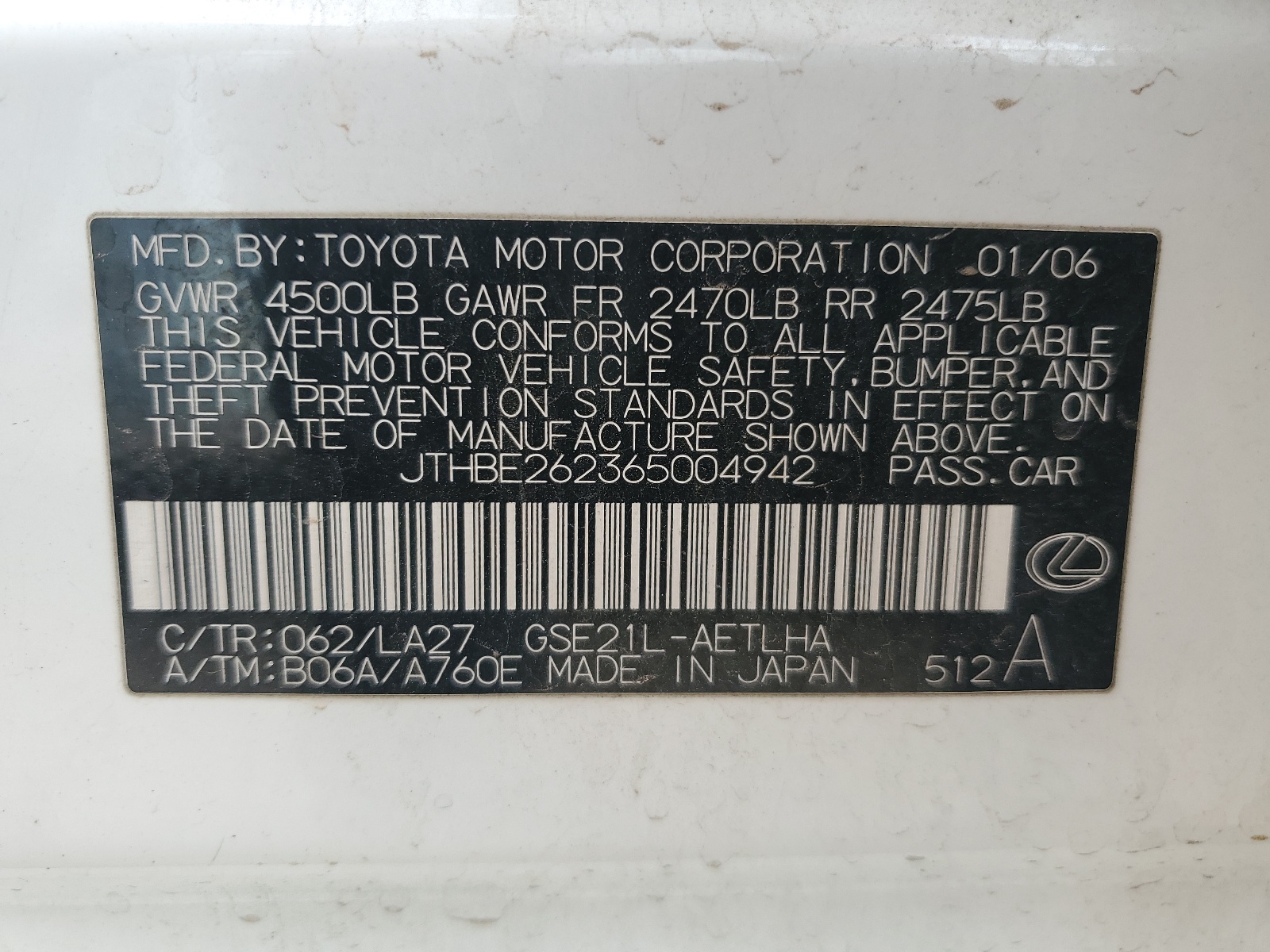 JTHBE262365004942 2006 Lexus Is 350