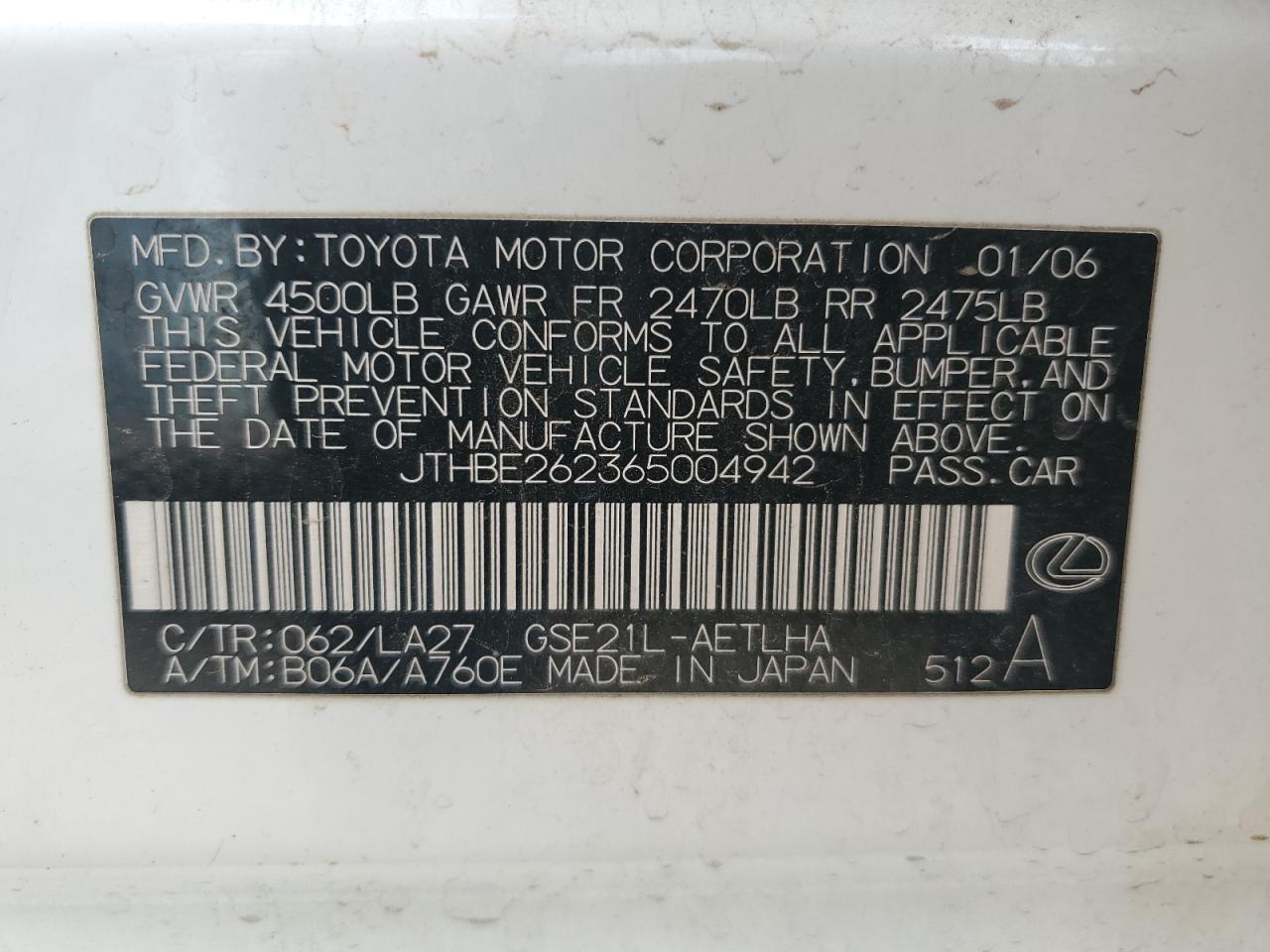 2006 Lexus Is 350 VIN: JTHBE262365004942 Lot: 63933294