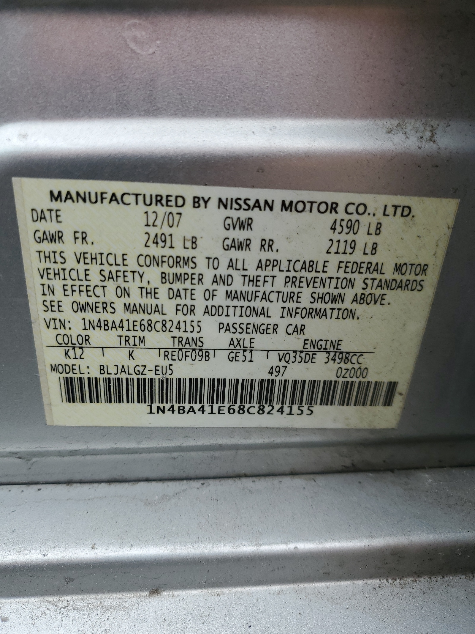 1N4BA41E68C824155 2008 Nissan Maxima Se