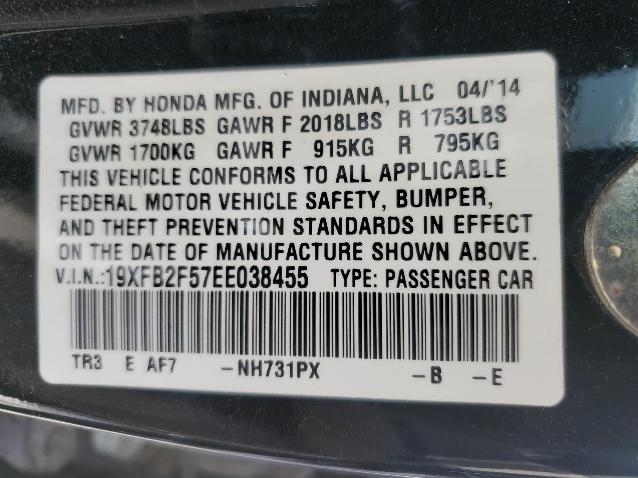 19XFB2F57EE038455 2014 Honda Civic Lx