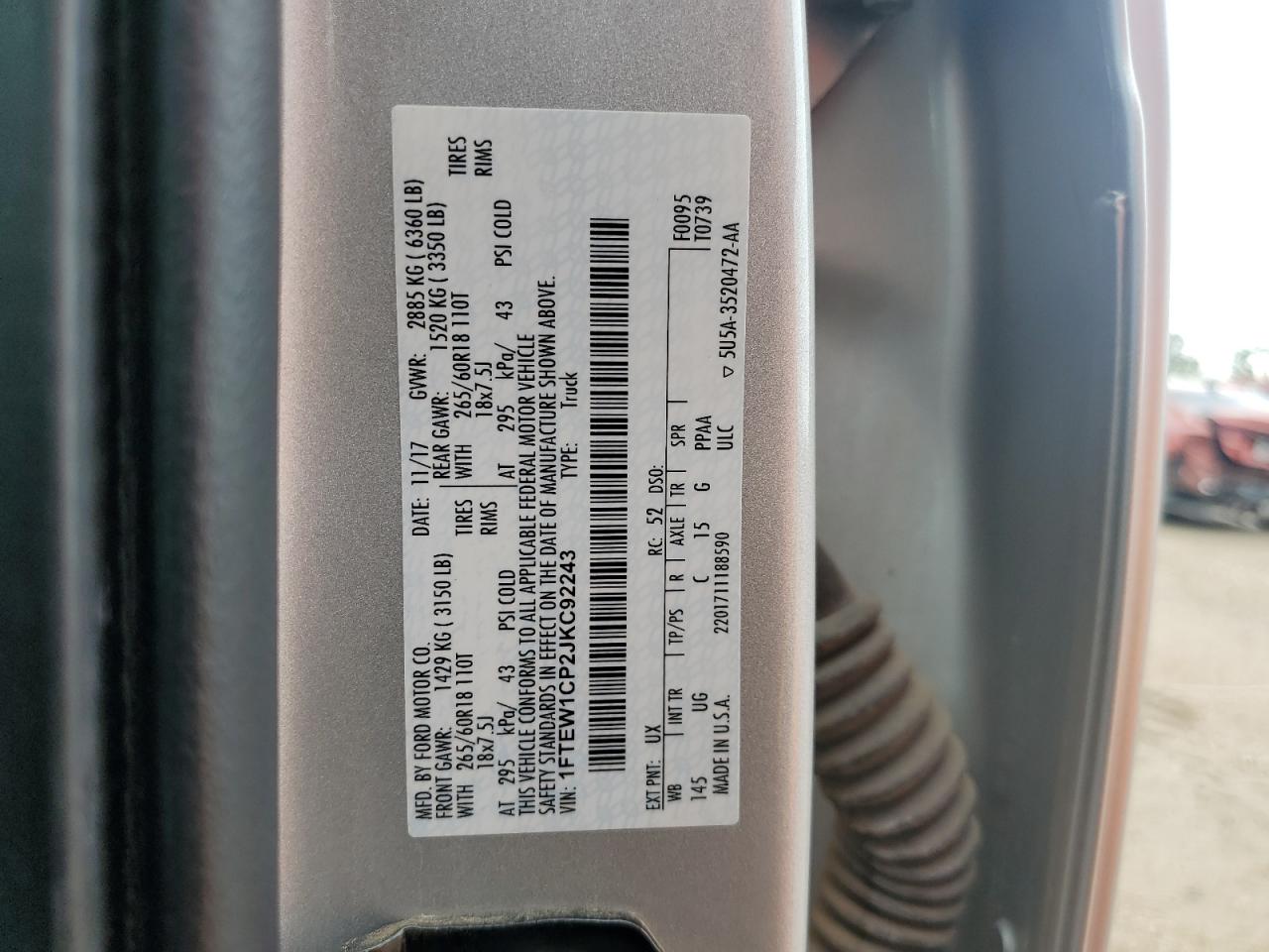 2018 Ford F150 Supercrew VIN: 1FTEW1CP2JKC92243 Lot: 64855274