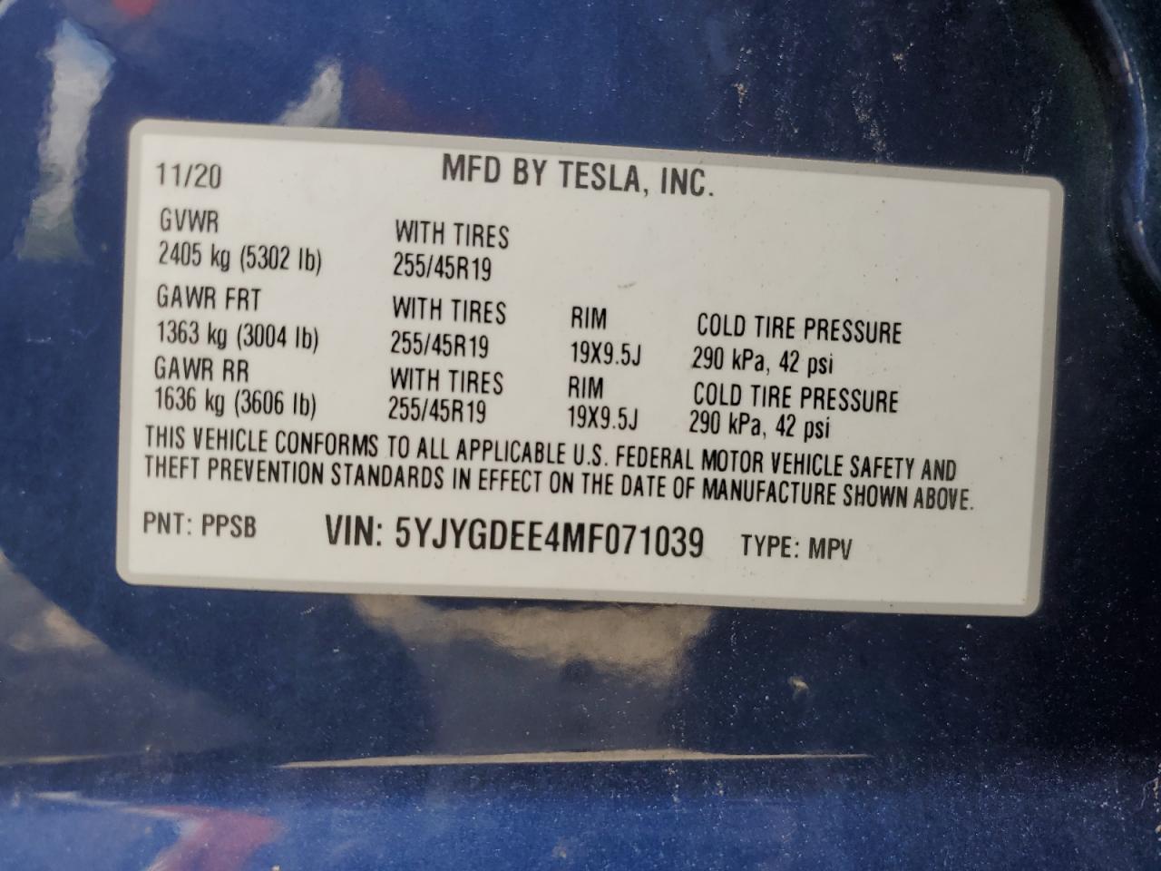 2021 Tesla Model Y VIN: 5YJYGDEE4MF071039 Lot: 63251454