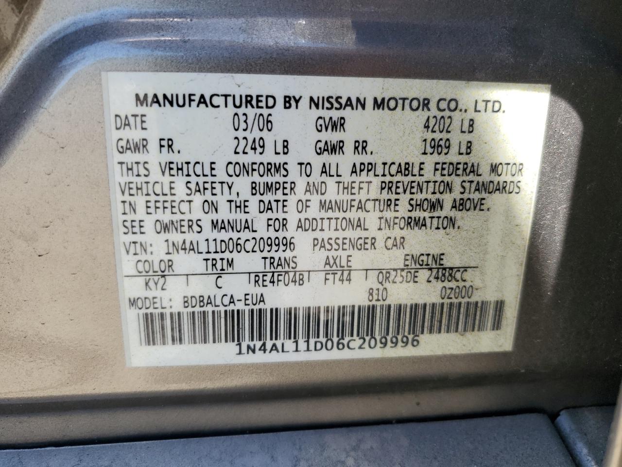 2006 Nissan Altima S VIN: 1N4AL11D06C209996 Lot: 61445784