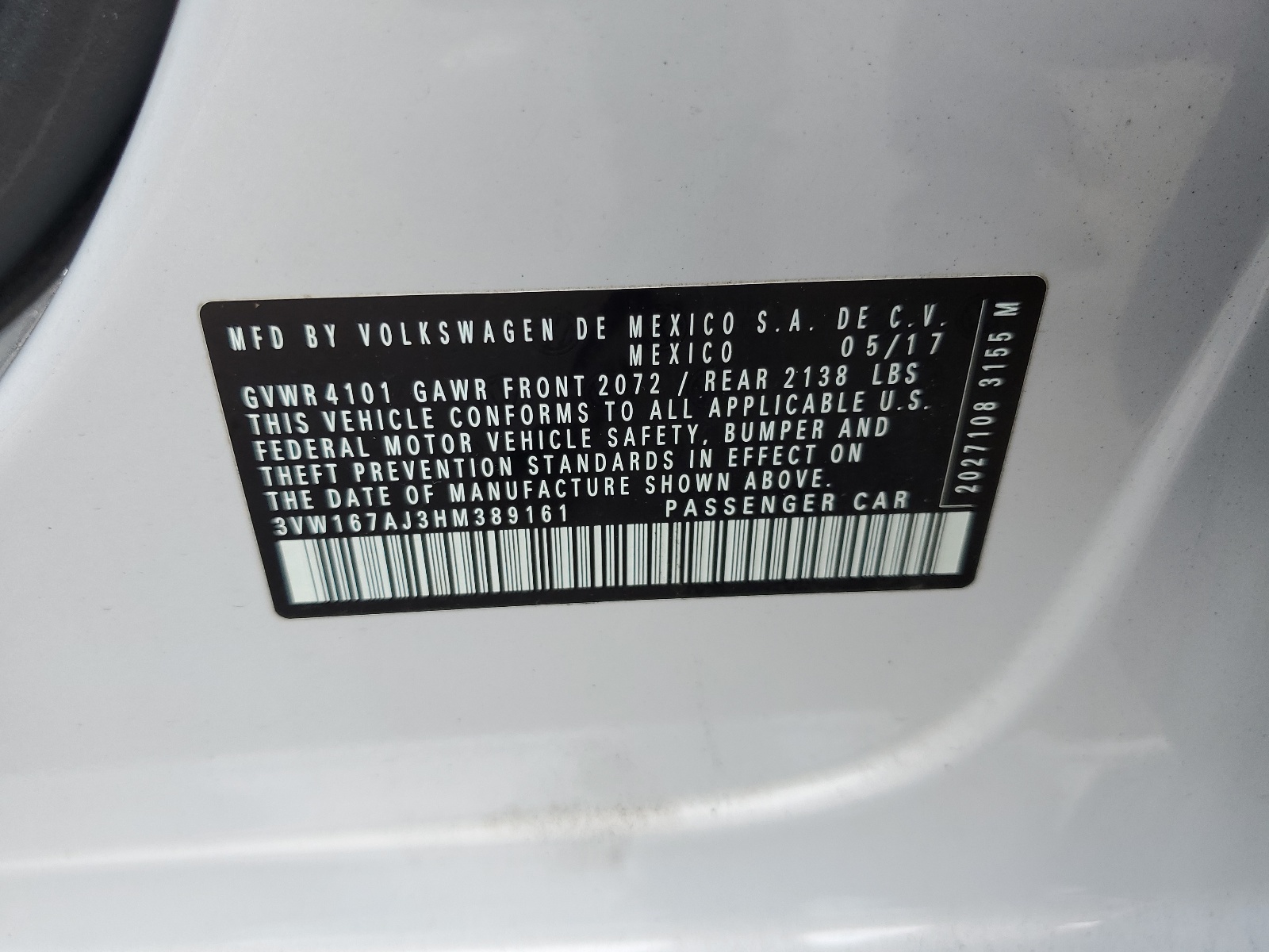 3VW167AJ3HM389161 2017 Volkswagen Jetta S