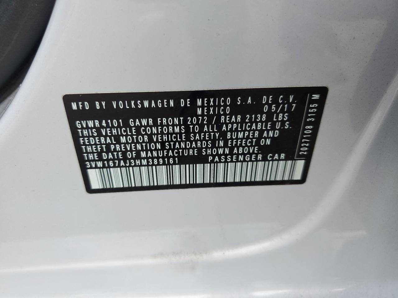 2017 Volkswagen Jetta S VIN: 3VW167AJ3HM389161 Lot: 65103744