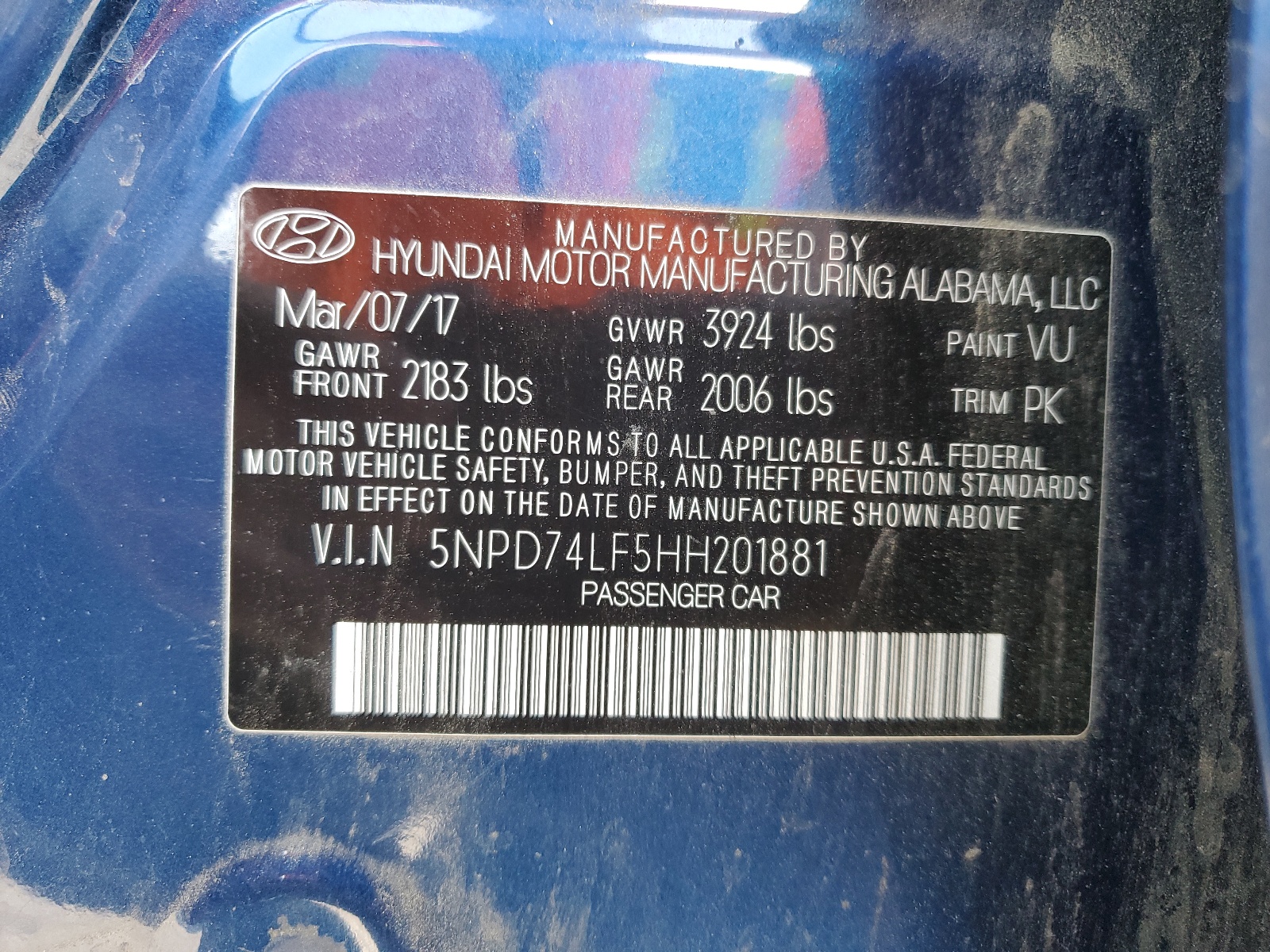 5NPD74LF5HH201881 2017 Hyundai Elantra Se