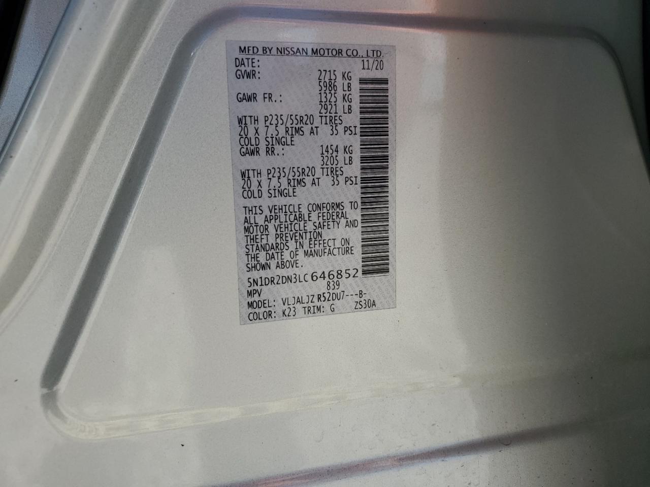 2020 Nissan Pathfinder Platinum VIN: 5N1DR2DN3LC646852 Lot: 63130034