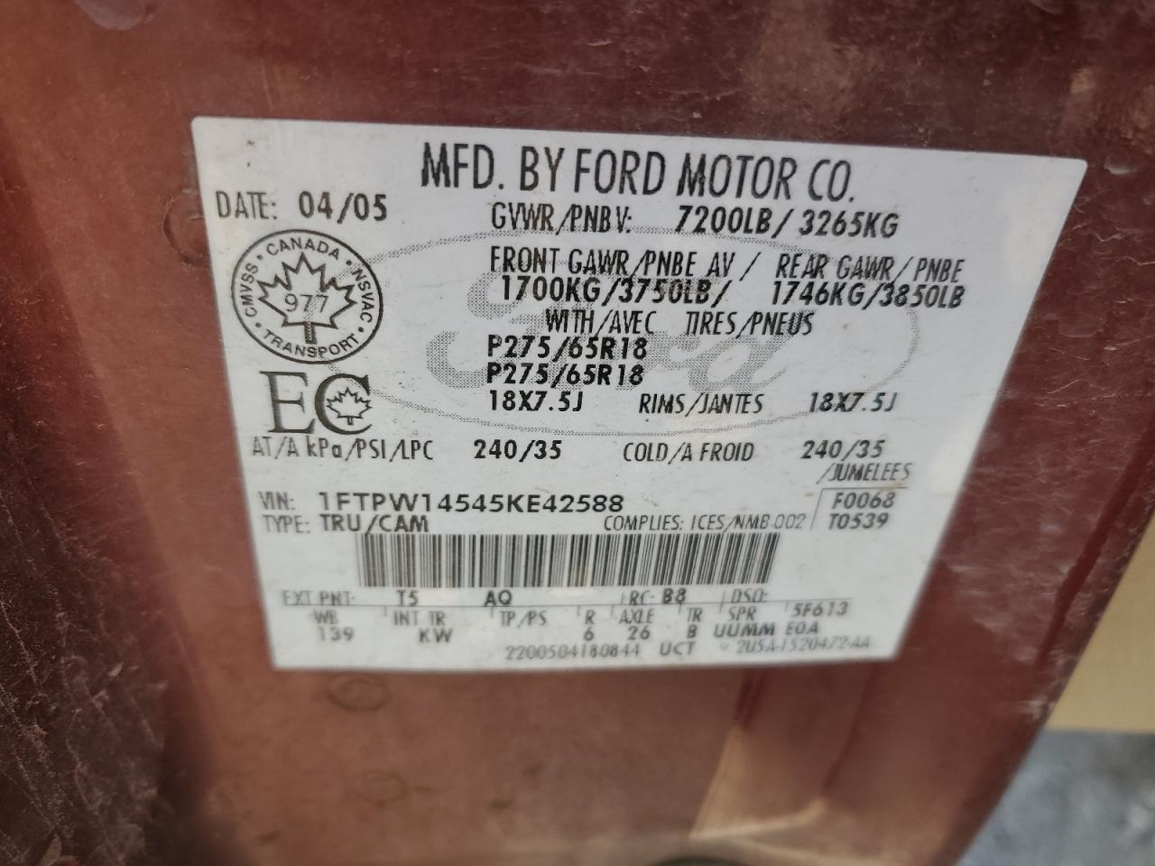 2005 Ford F150 Supercrew VIN: 1FTPW14545KE42588 Lot: 62885634