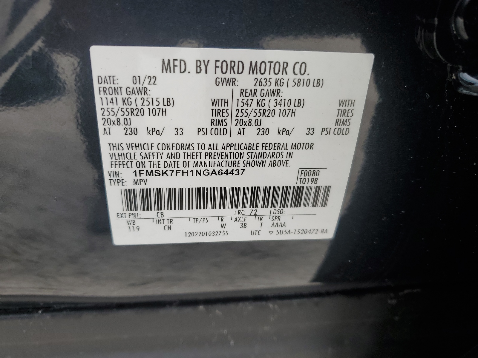 1FMSK7FH1NGA64437 2022 Ford Explorer Limited
