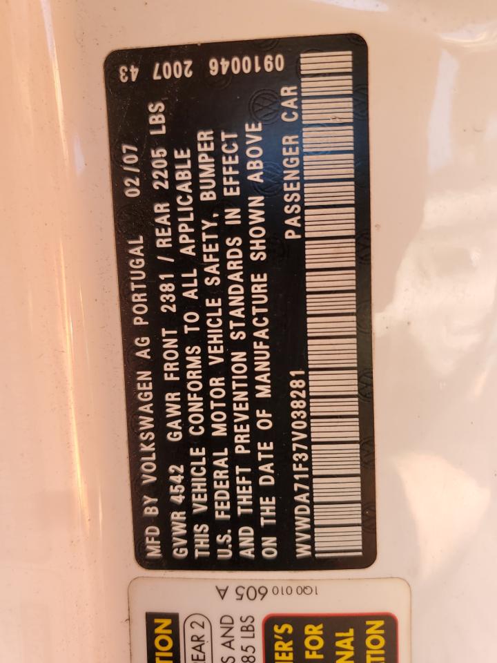 2007 Volkswagen Eos 2.0T Sport VIN: WVWDA71F37V038281 Lot: 62473664