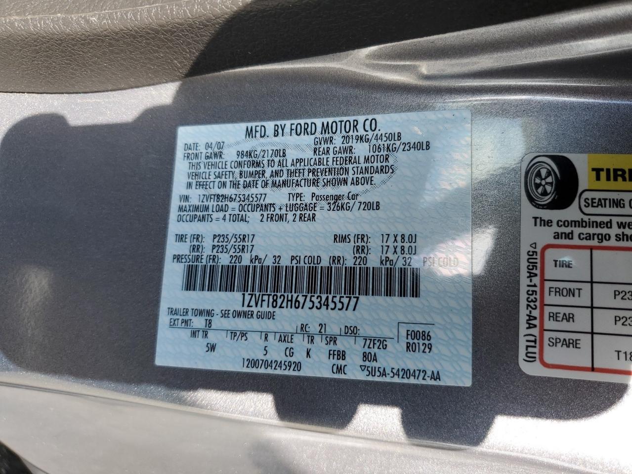 2007 Ford Mustang Gt VIN: 1ZVFT82H675345577 Lot: 62475124