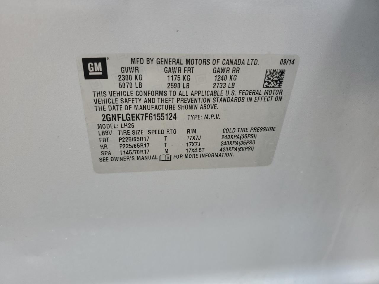 2015 Chevrolet Equinox Lt VIN: 2GNFLGEK7F6155124 Lot: 63261404