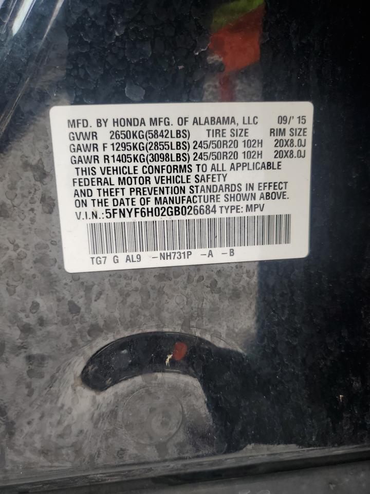 2016 Honda Pilot Elite VIN: 5FNYF6H02GB026684 Lot: 64931014