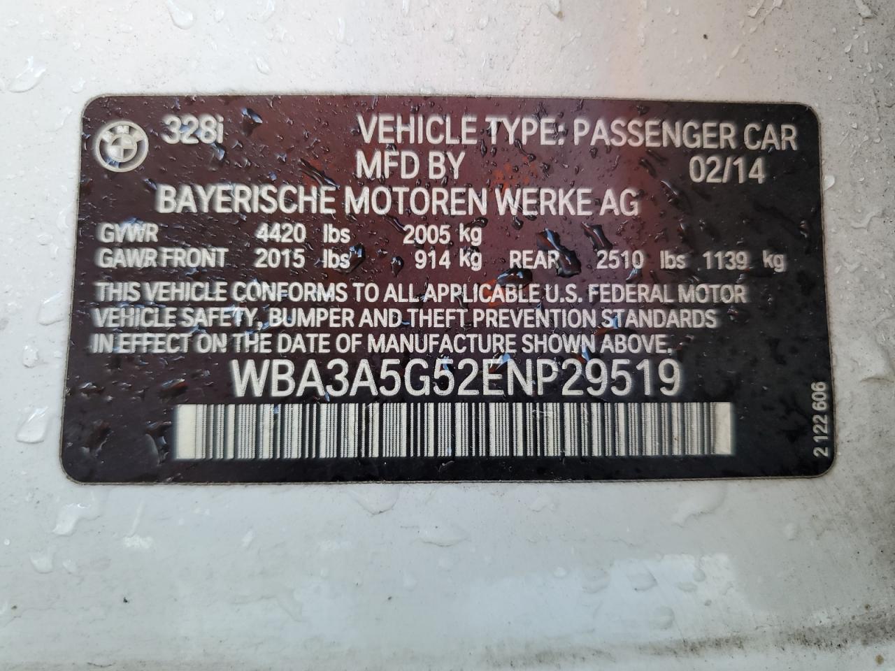 2014 BMW 328 I VIN: WBA3A5G52ENP29519 Lot: 60843674