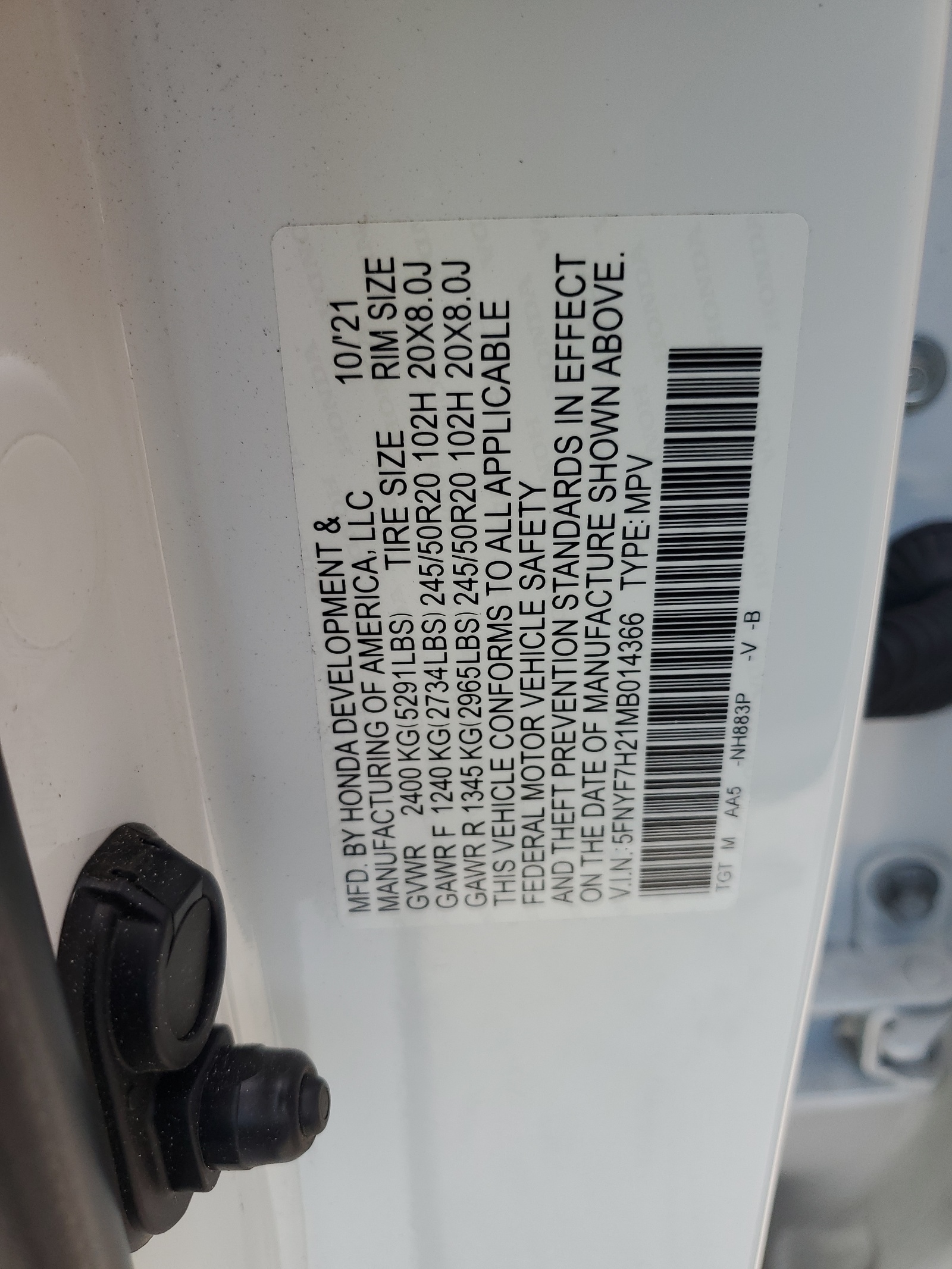 5FNYF7H21MB014366 2021 Honda Passport Sport