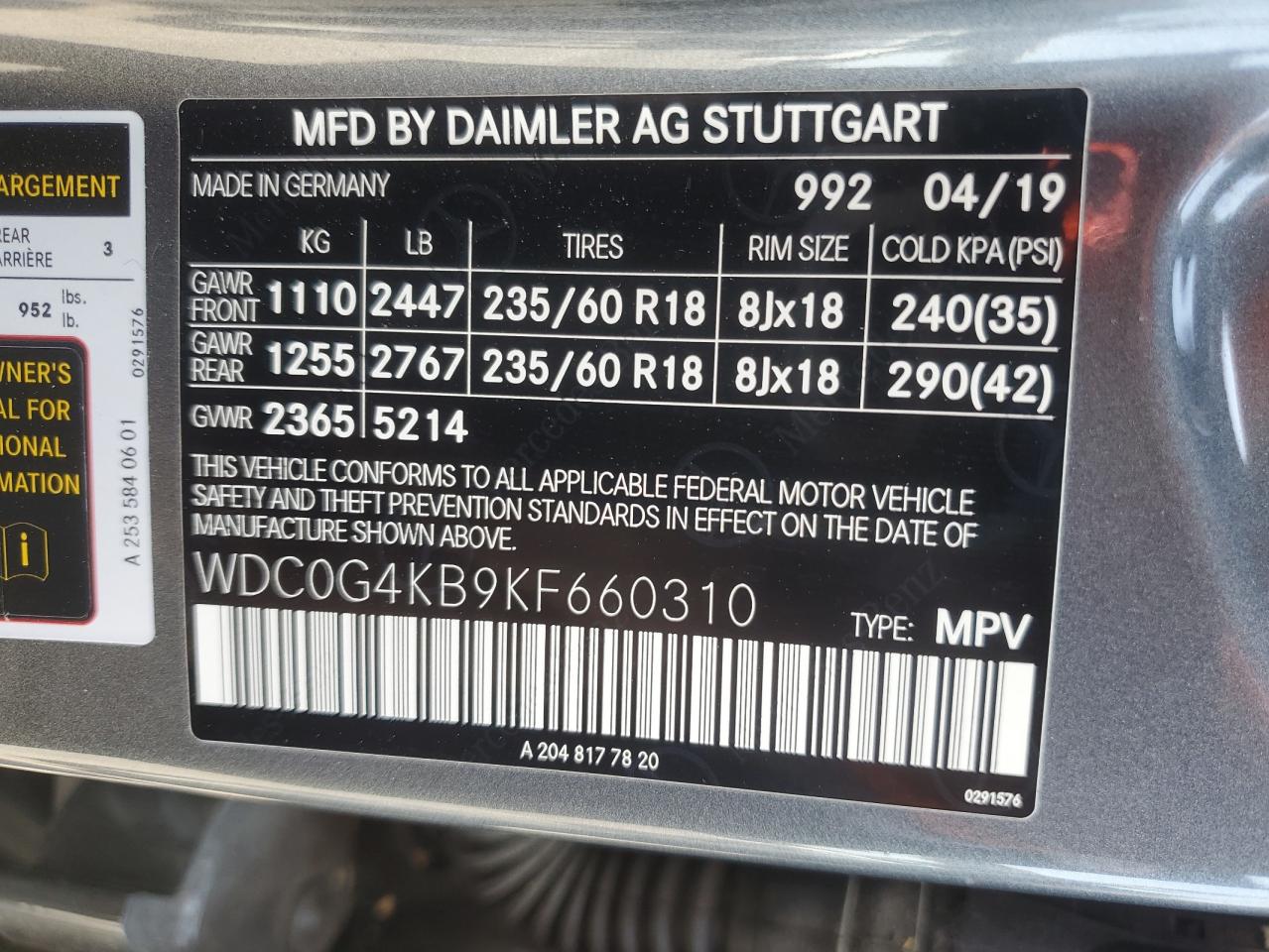 WDC0G4KB9KF660310 2019 Mercedes-Benz Glc 300 4Matic