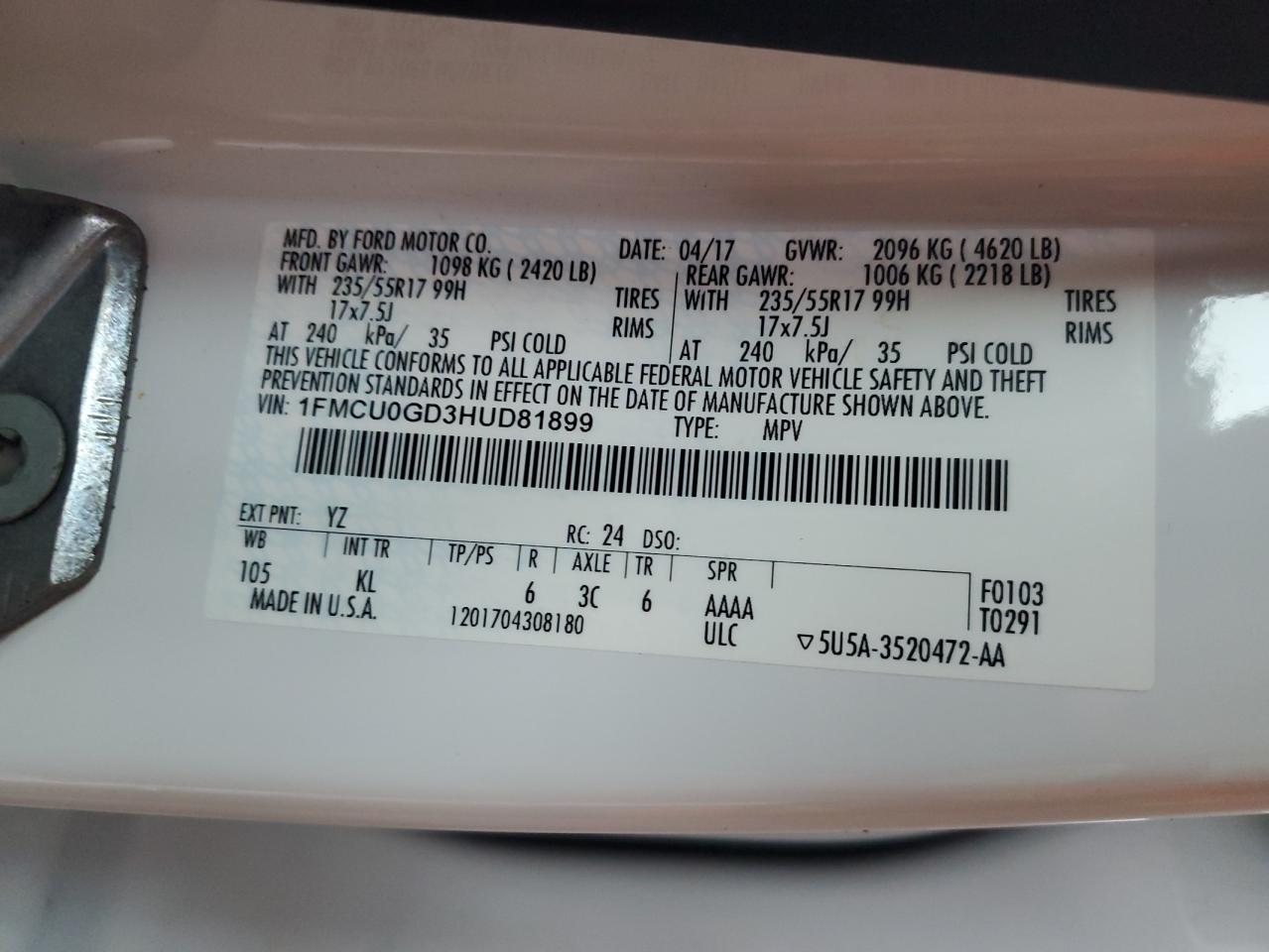 2017 Ford Escape Se VIN: 1FMCU0GD3HUD81899 Lot: 63682184