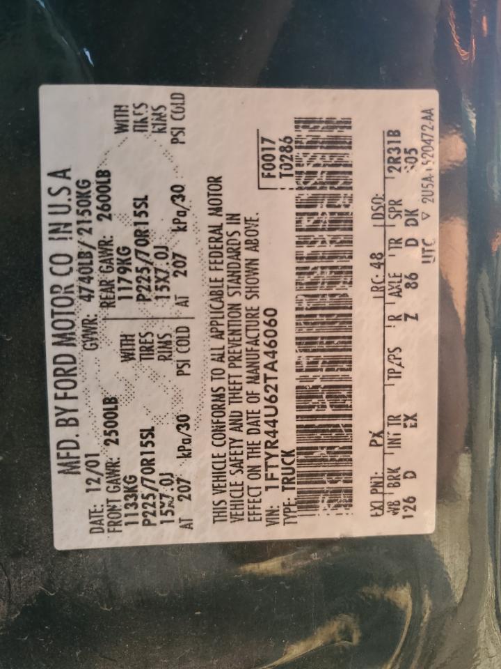 2002 Ford Ranger Super Cab VIN: 1FTYR44U62TA46060 Lot: 62912214