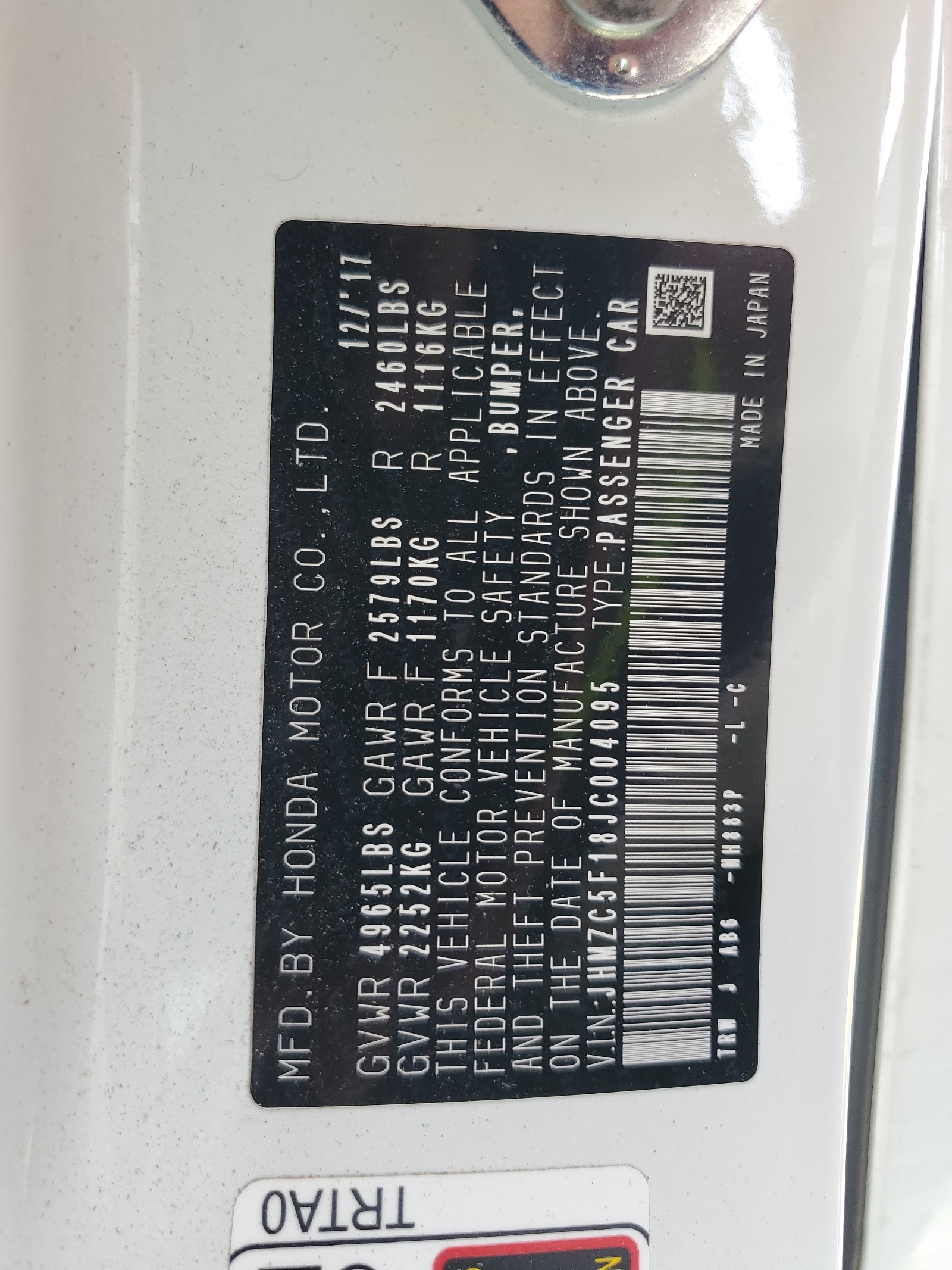 JHMZC5F18JC004095 2018 Honda Clarity