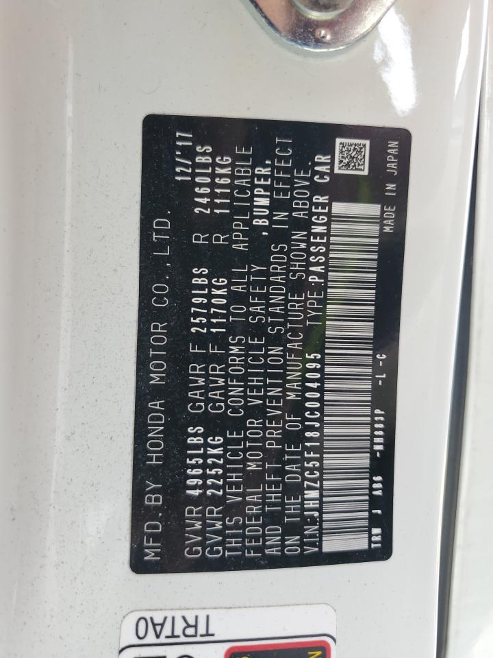 2018 Honda Clarity VIN: JHMZC5F18JC004095 Lot: 63833434