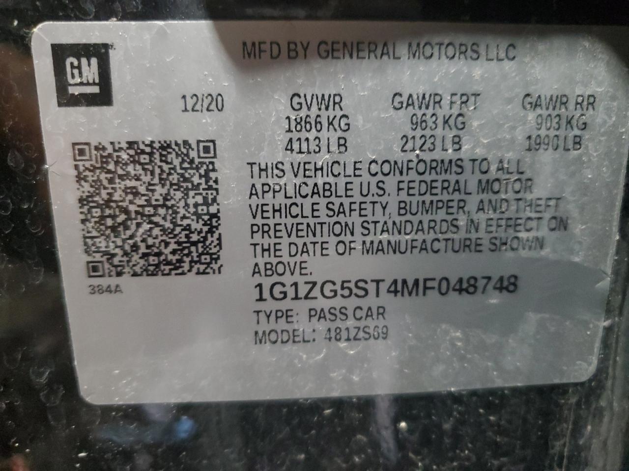 2021 Chevrolet Malibu Rs VIN: 1G1ZG5ST4MF048748 Lot: 64155394