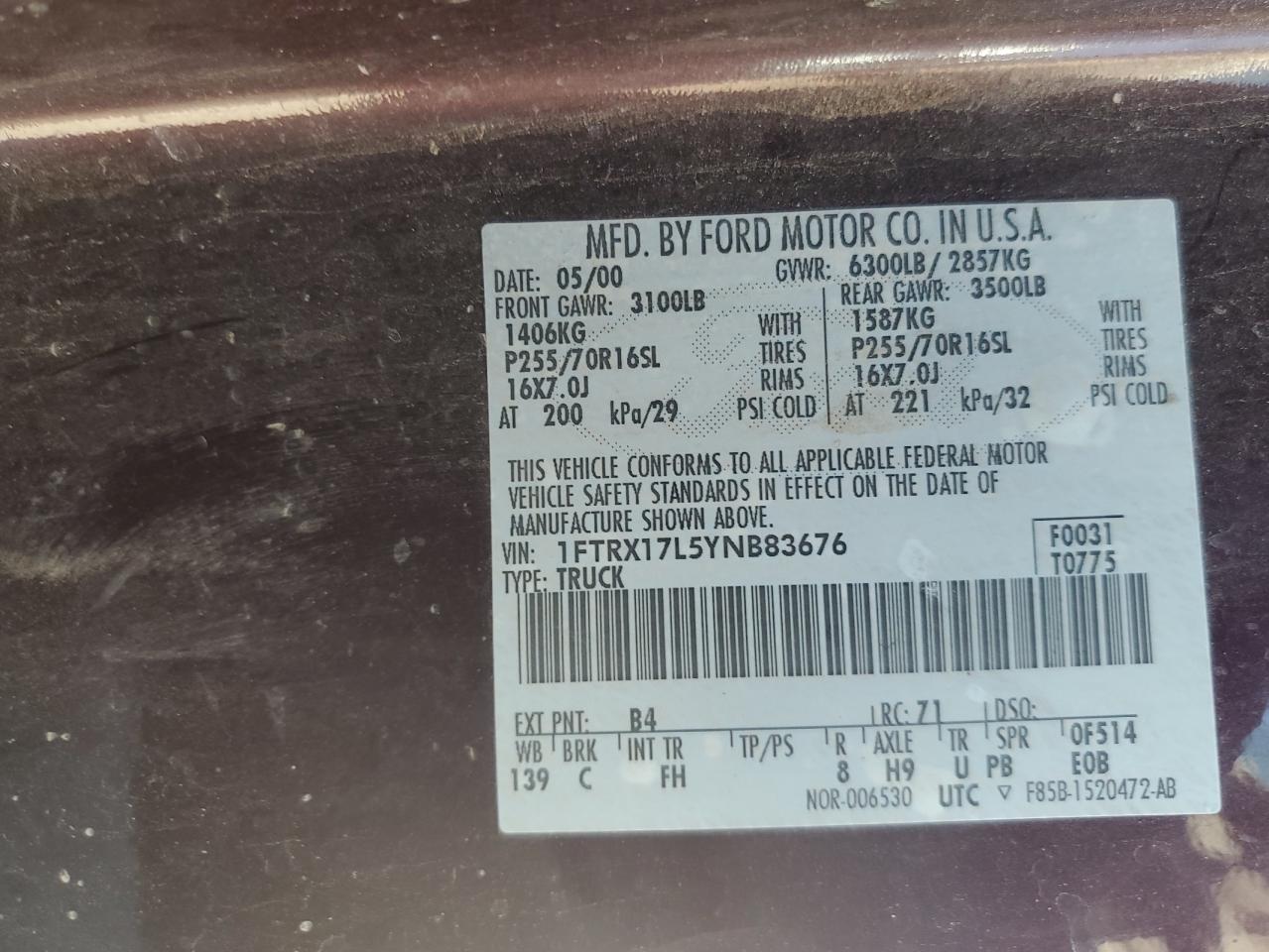 2000 Ford F150 VIN: 1FTRX17L5YNB83676 Lot: 61545584