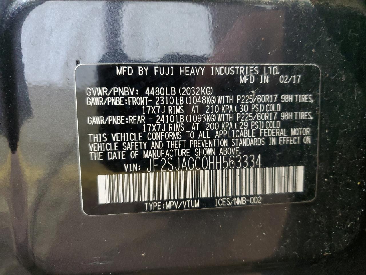 2017 Subaru Forester 2.5I Premium VIN: JF2SJAGC0HH563334 Lot: 65069024