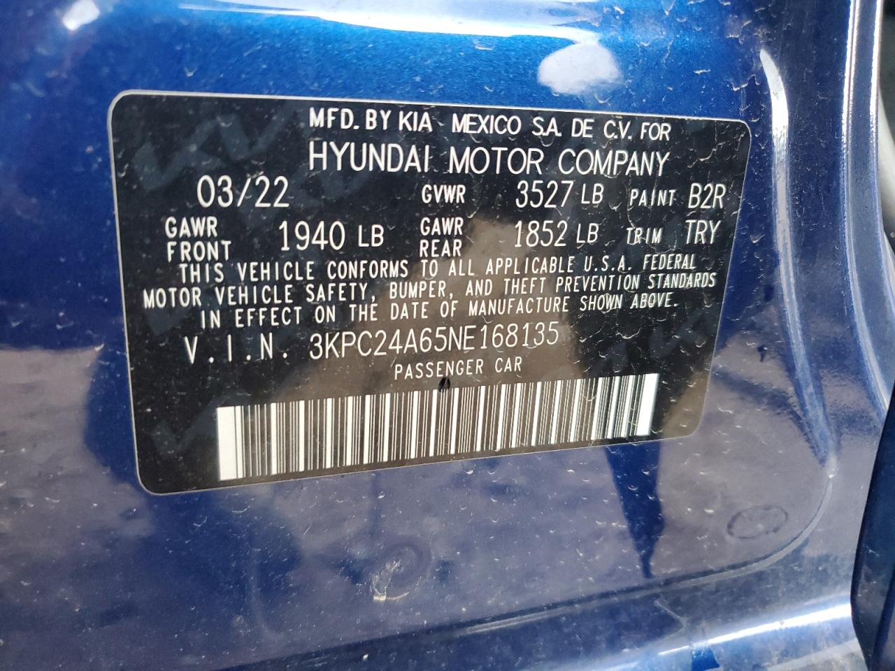 3KPC24A65NE168135 2022 Hyundai Accent Se