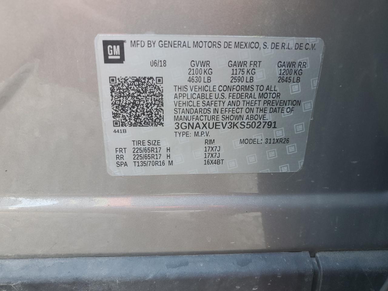 2019 Chevrolet Equinox Lt VIN: 3GNAXUEV3KS502791 Lot: 62572304