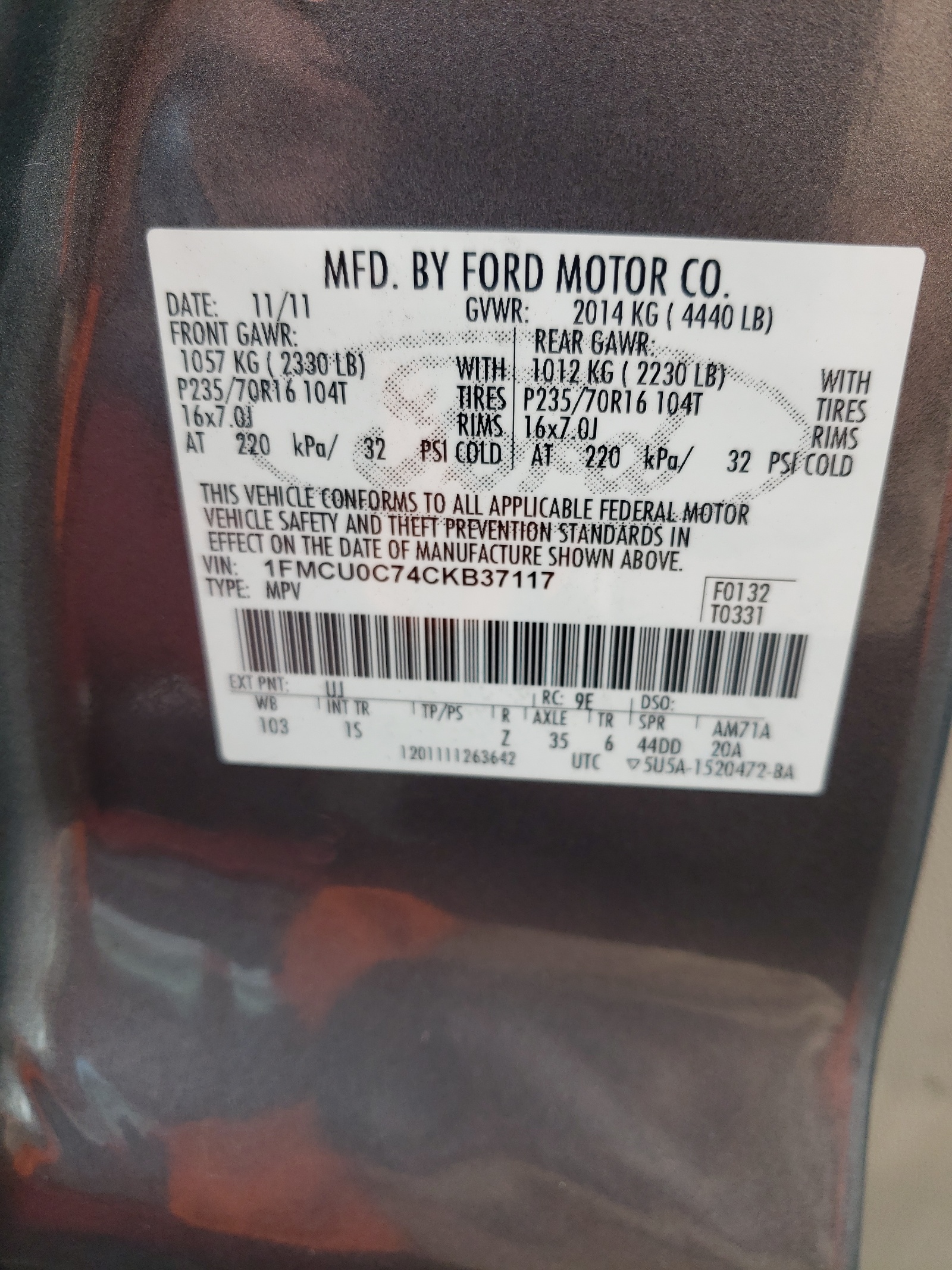 1FMCU0C74CKB37117 2012 Ford Escape Xls