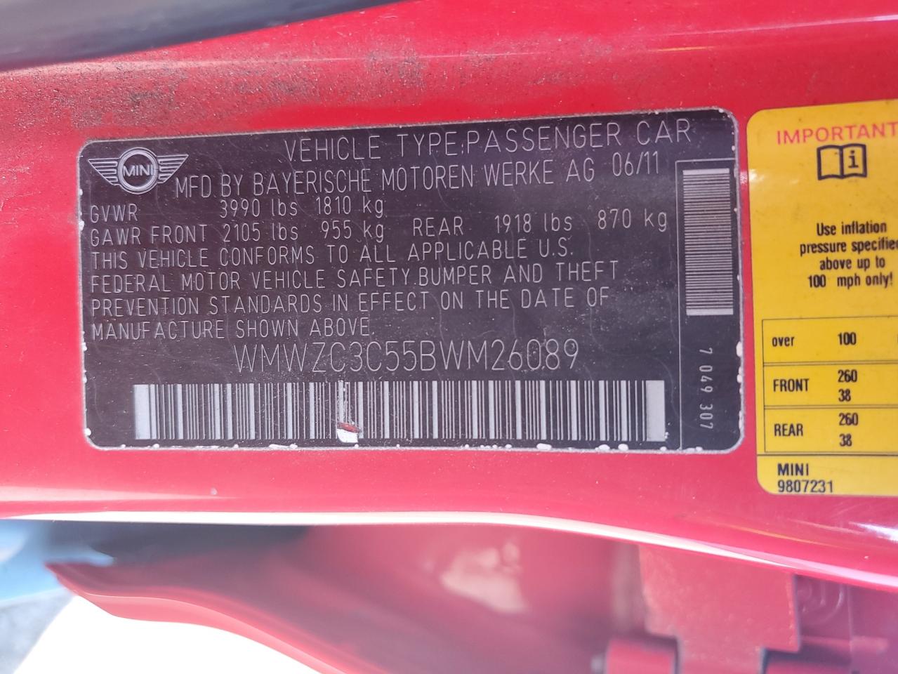 2011 Mini Cooper S Countryman VIN: WMWZC3C55BWM26089 Lot: 64790074