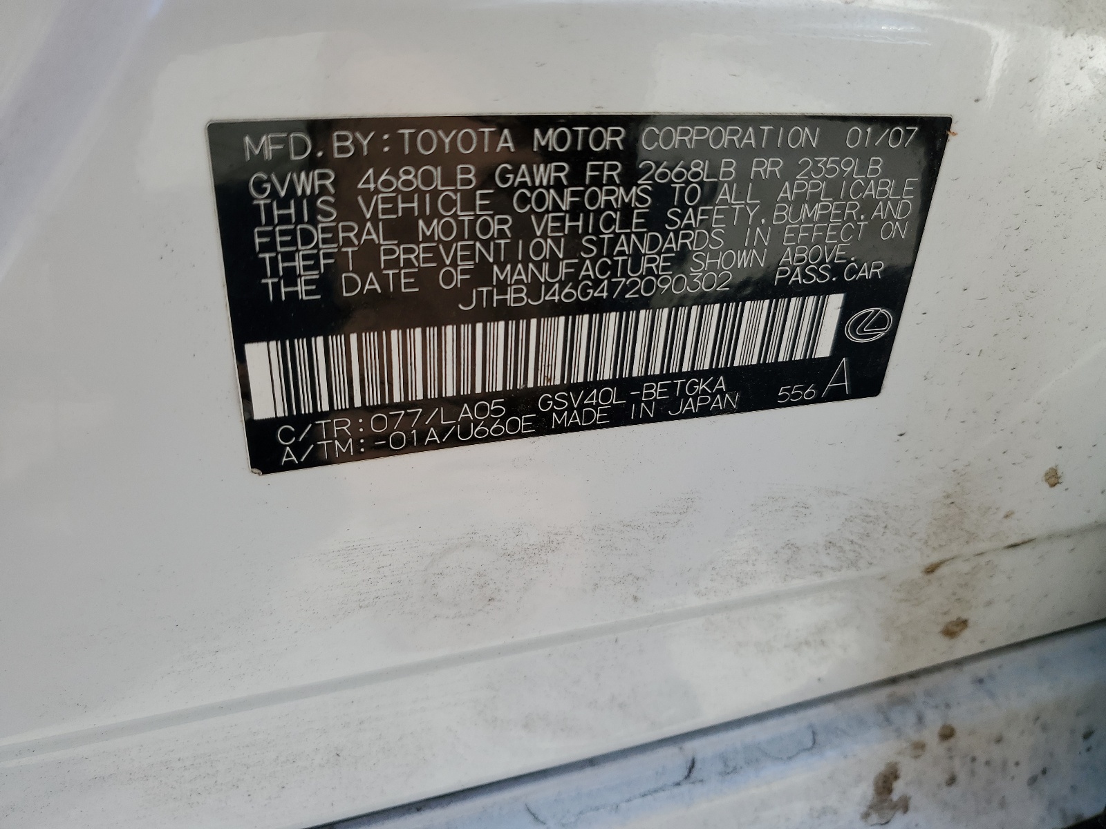 JTHBJ46G472090302 2007 Lexus Es 350