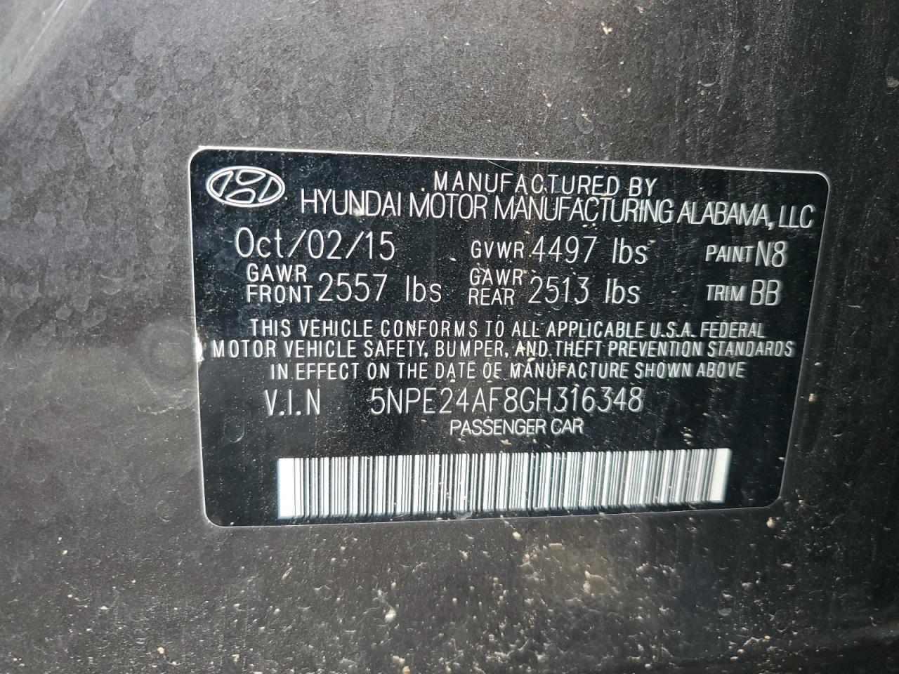 2016 Hyundai Sonata Se VIN: 5NPE24AF8GH316348 Lot: 61997904