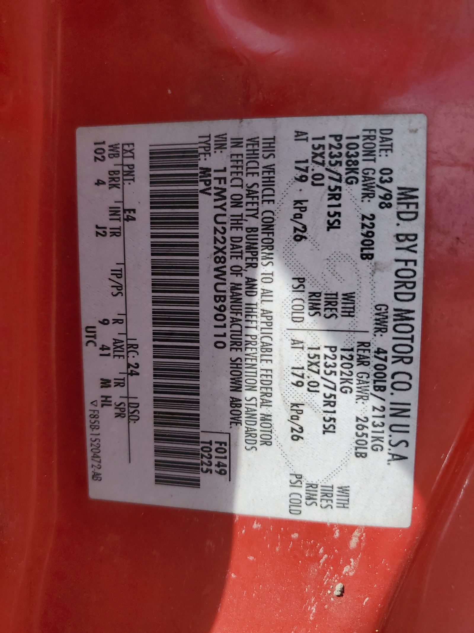 1FMYU22X8WUB90110 1998 Ford Explorer