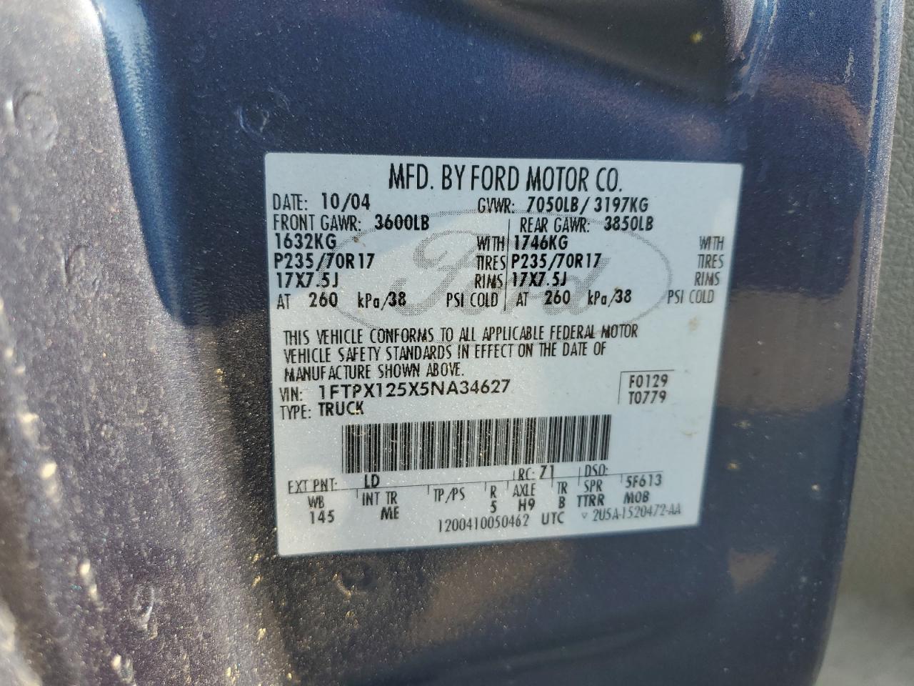 2005 Ford F150 VIN: 1FTPX125X5NA34627 Lot: 64275434