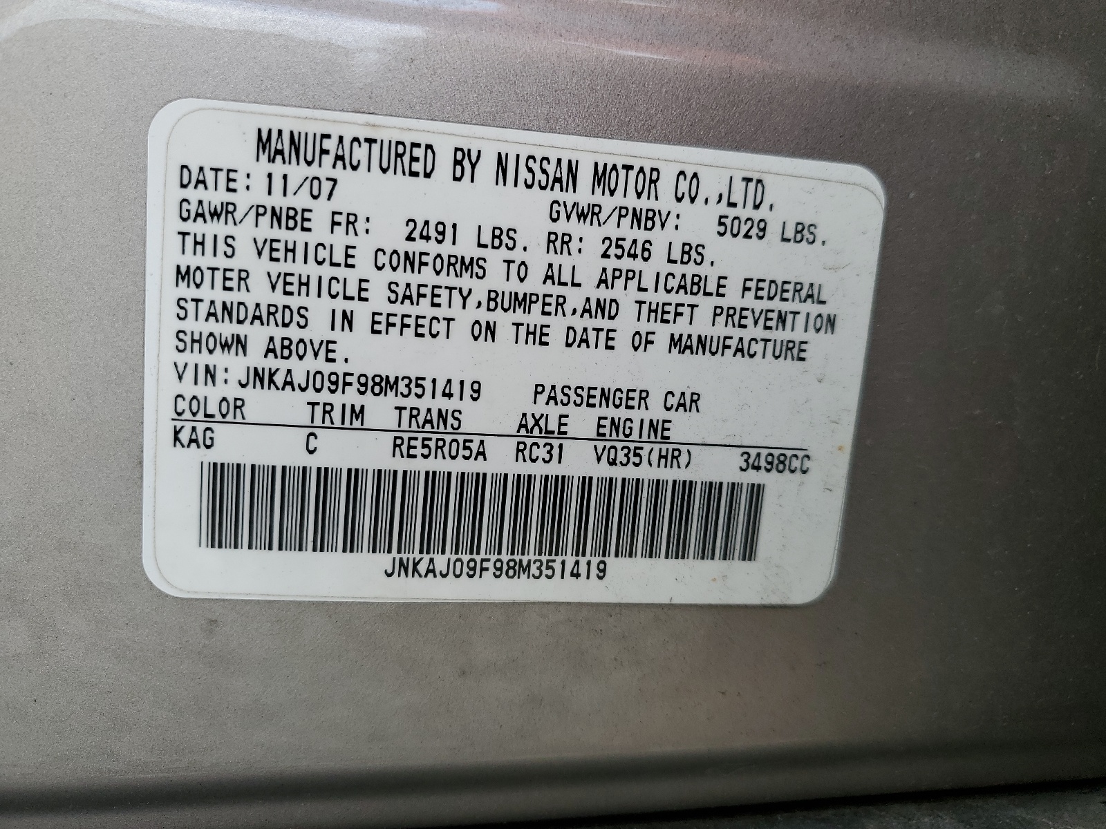 JNKAJ09F98M351419 2008 Infiniti Ex35 Base