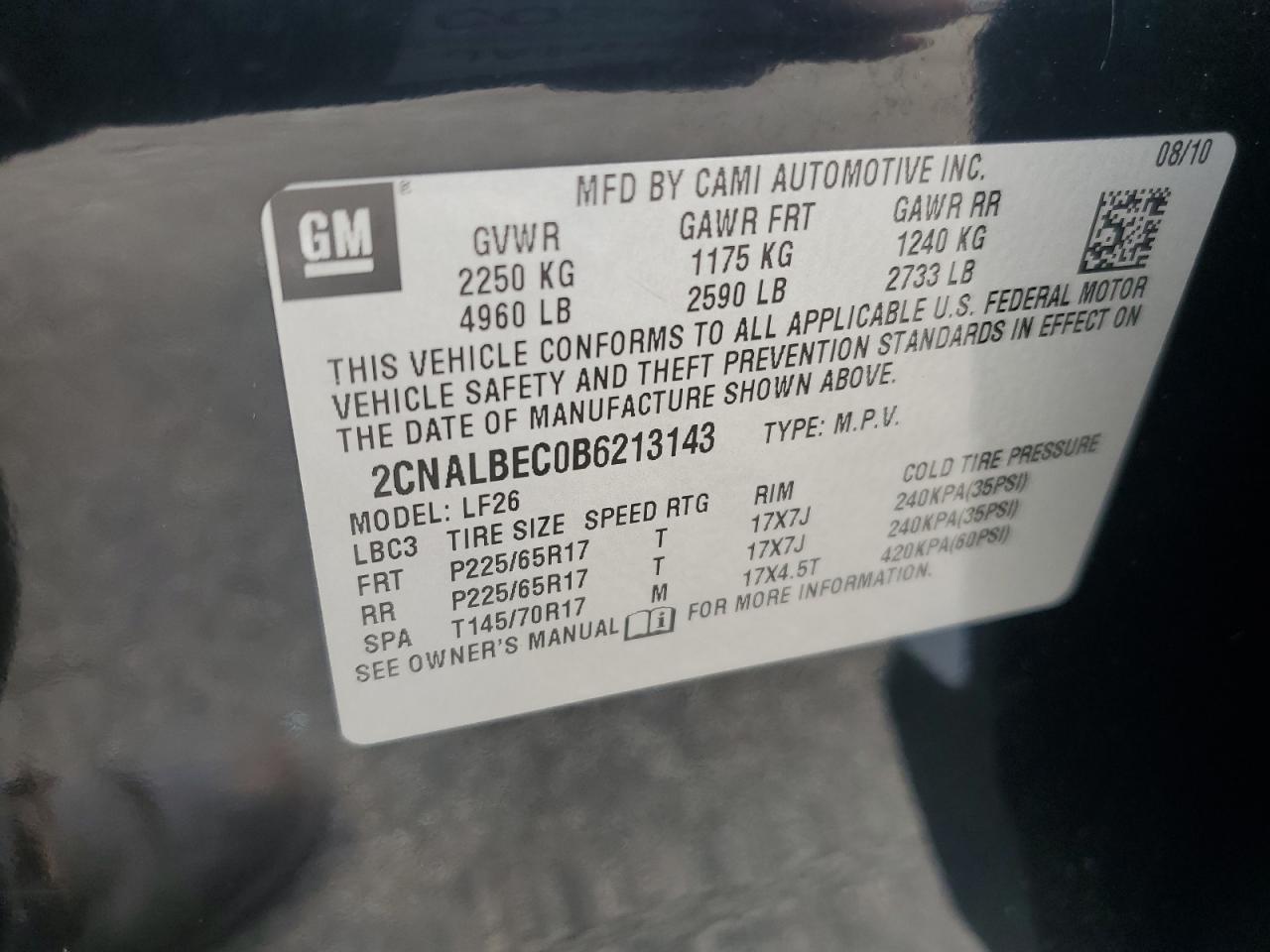 2011 Chevrolet Equinox Ls VIN: 2CNALBEC0B6213143 Lot: 64010834