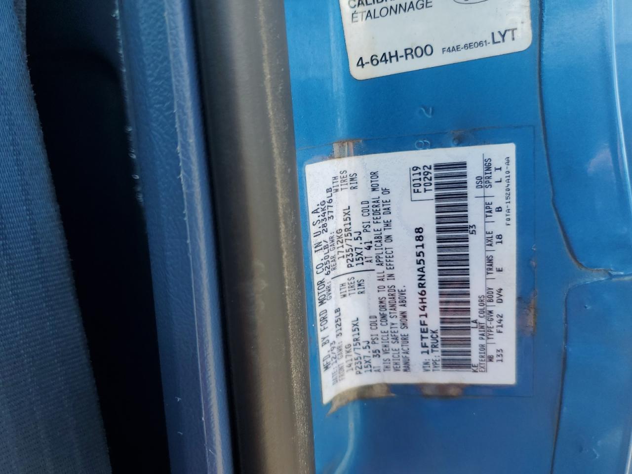 1994 Ford F150 VIN: 1FTEF14H6RNA55188 Lot: 63900134