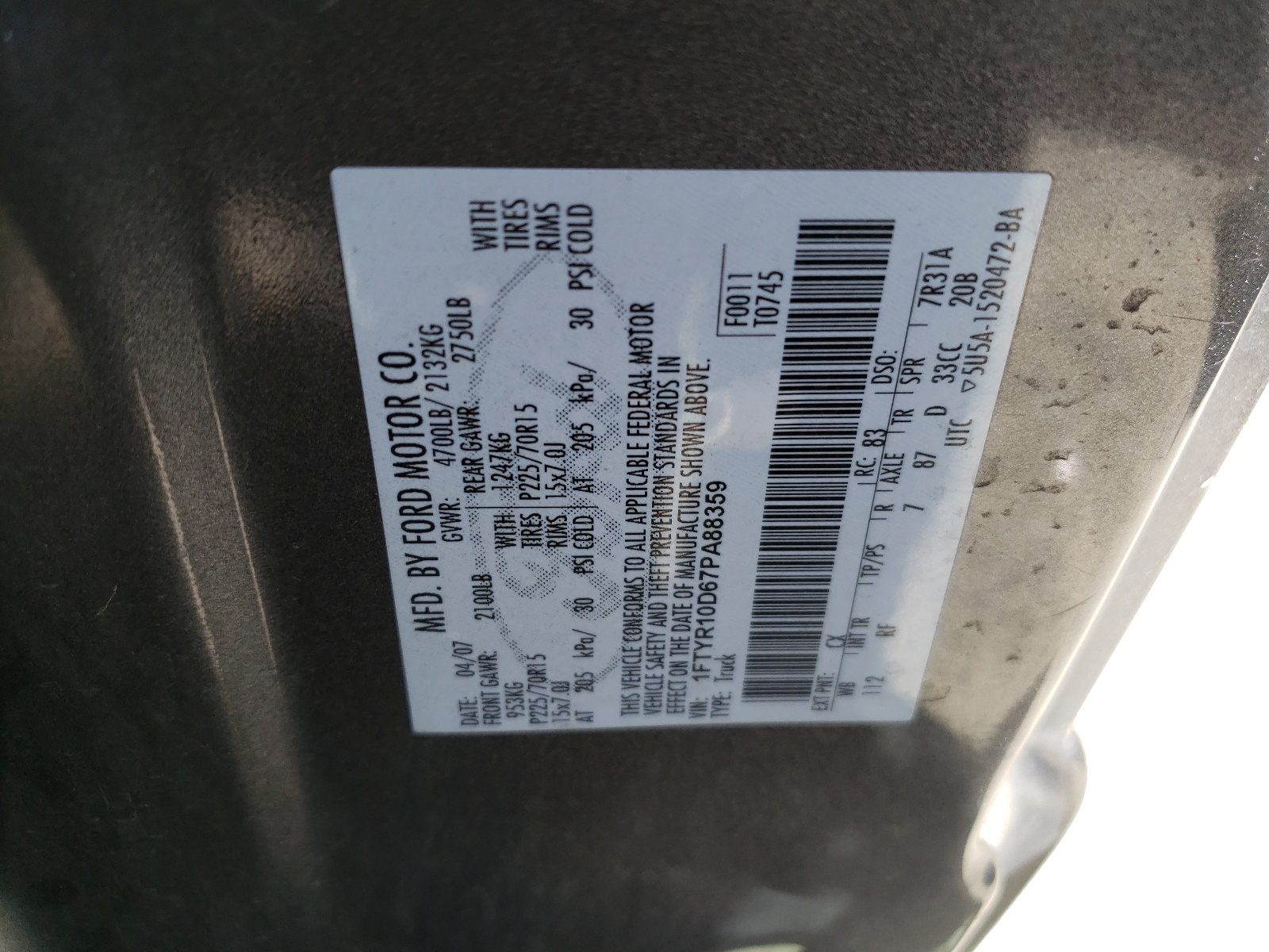 1FTYR10D67PA88359 2007 Ford Ranger