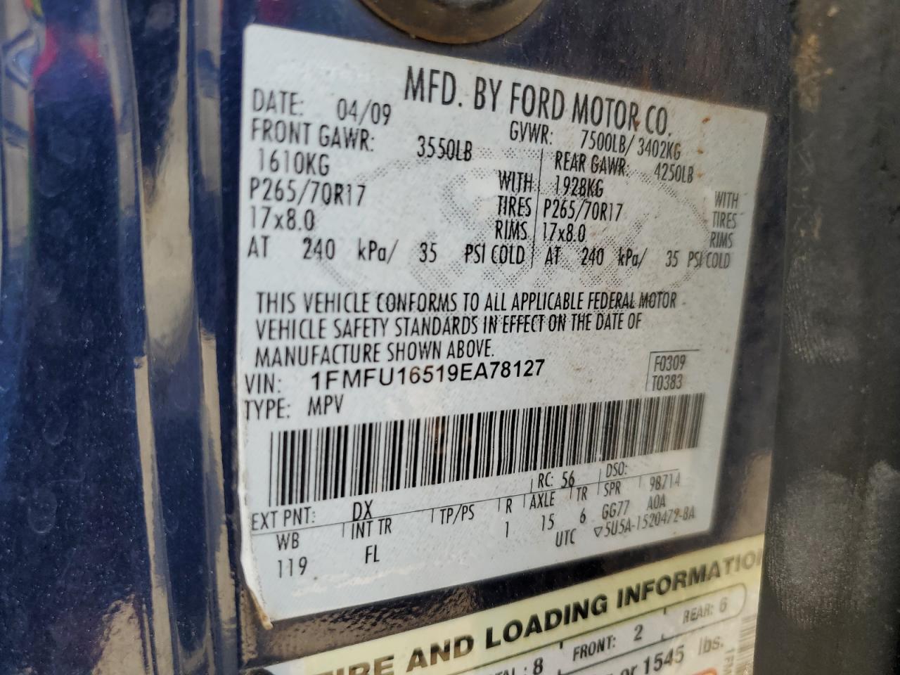 2009 Ford Expedition Xlt VIN: 1FMFU16519EA78127 Lot: 62101234