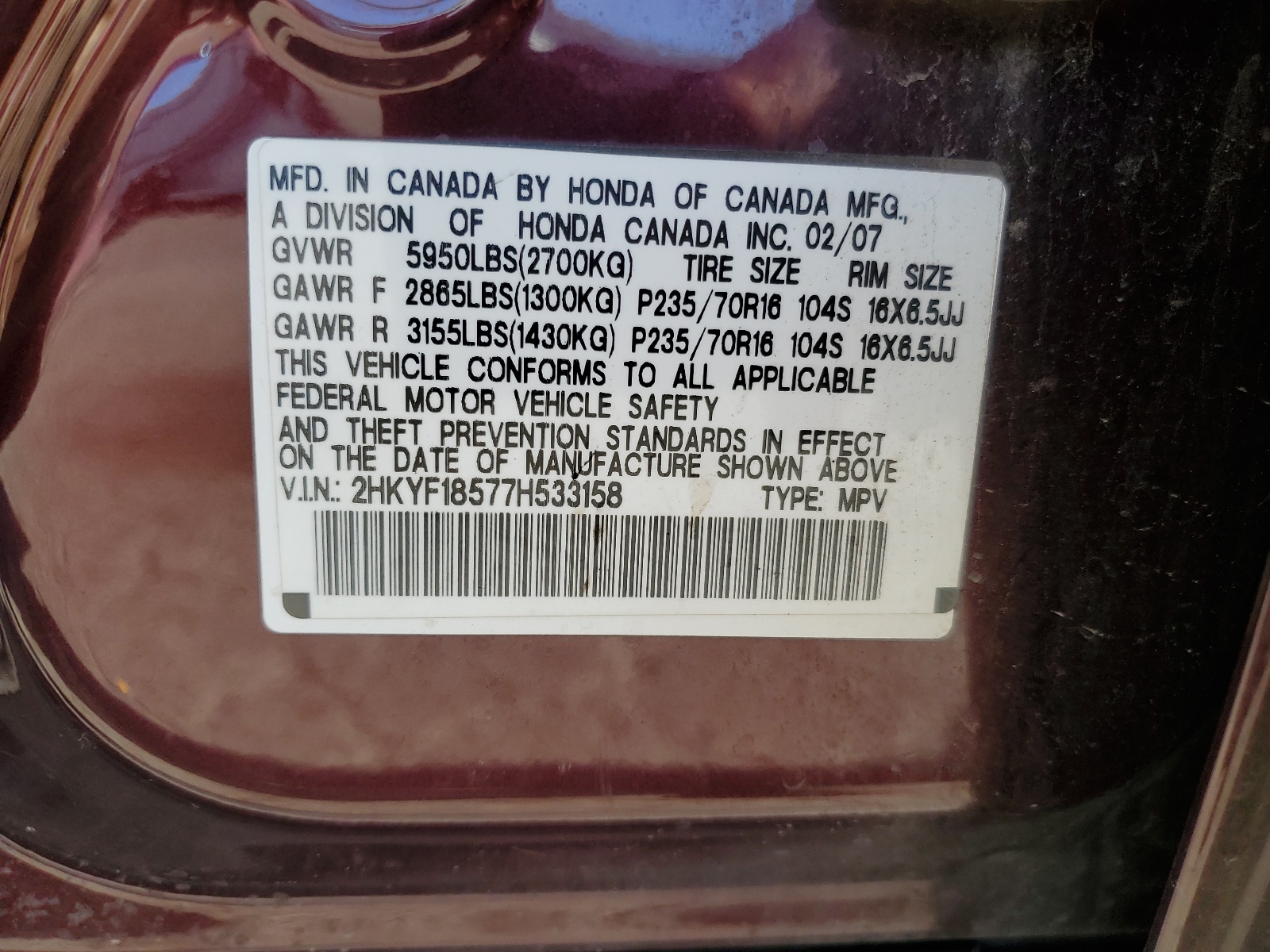 2HKYF18577H533158 2007 Honda Pilot Exl