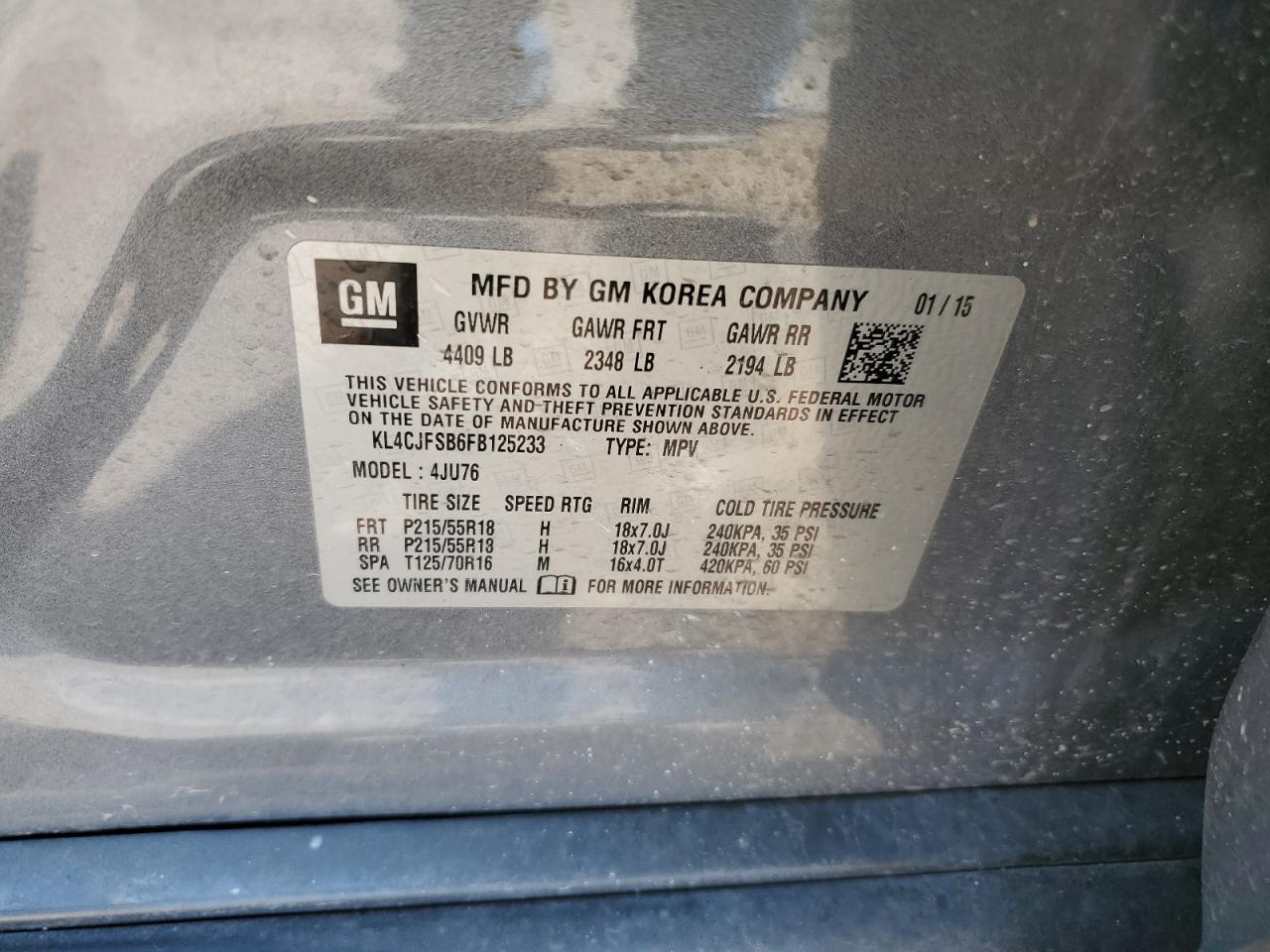 2015 Buick Encore Convenience VIN: KL4CJFSB6FB125233 Lot: 59444974