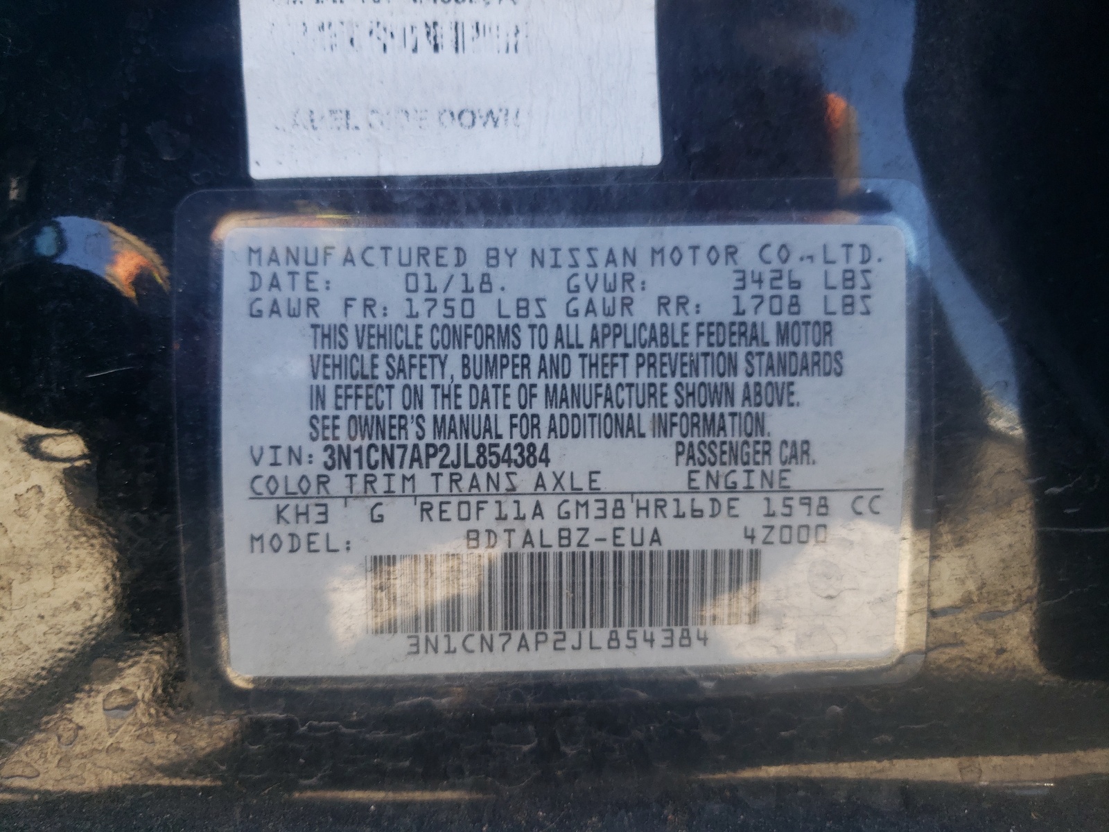 3N1CN7AP2JL854384 2018 Nissan Versa S