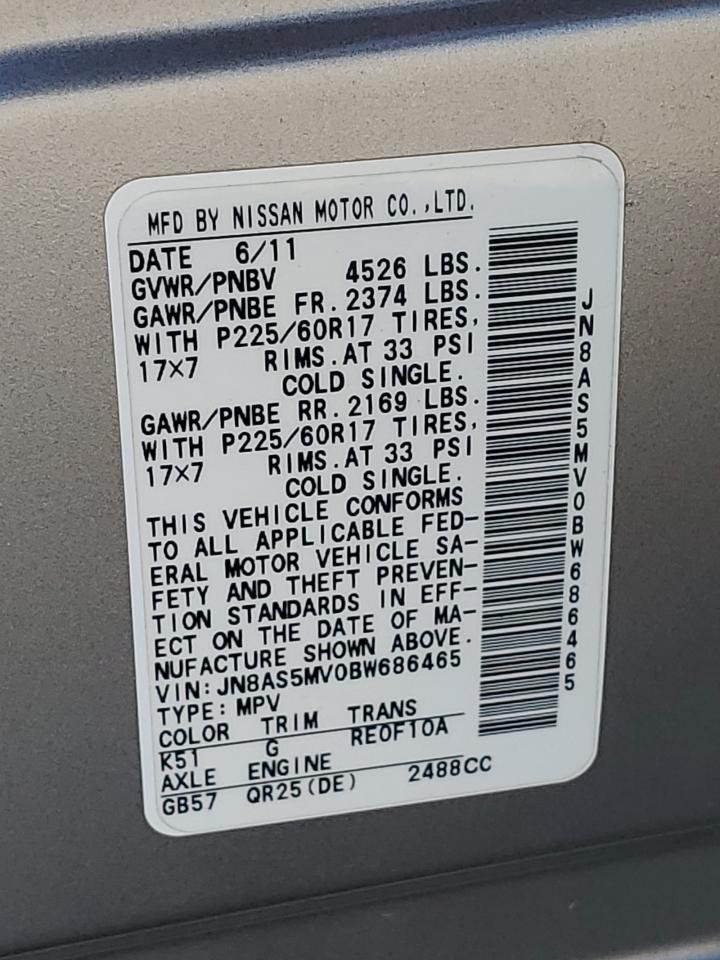 2011 Nissan Rogue S VIN: JN8AS5MV0BW686465 Lot: 63591904