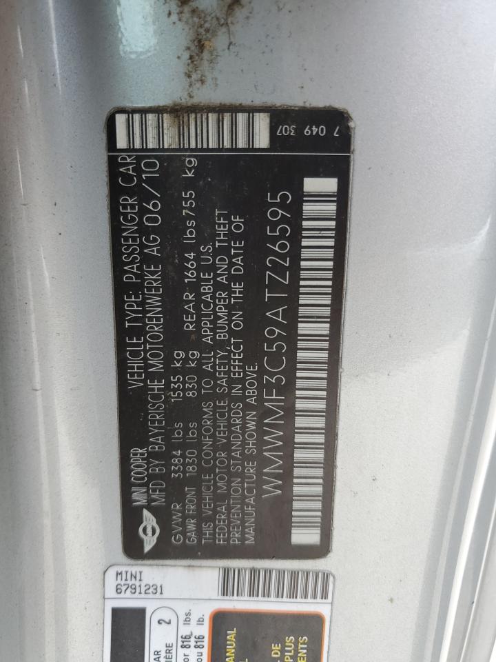 2010 Mini Cooper VIN: WMWMF3C59ATZ26595 Lot: 64814874