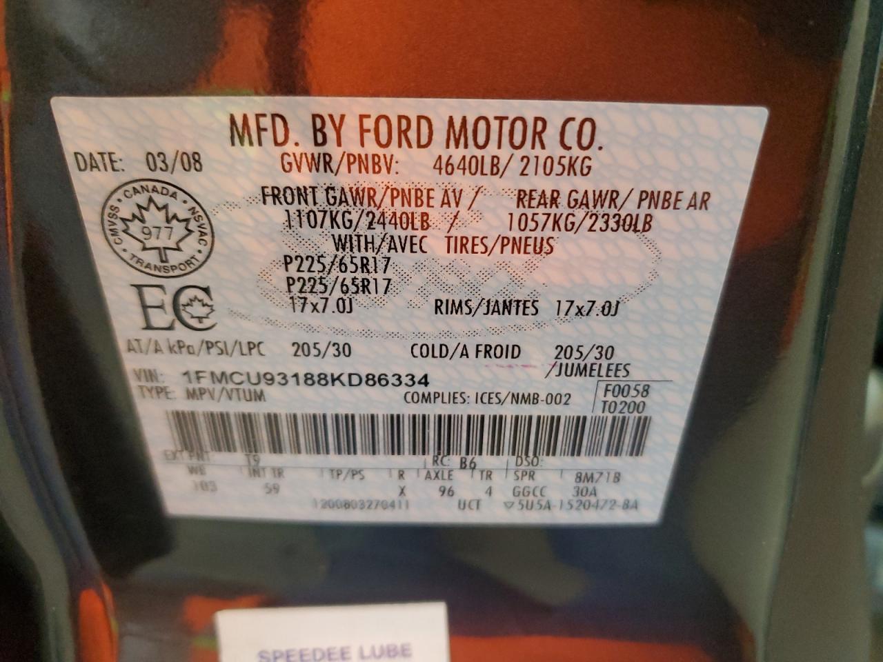 2008 Ford Escape Xlt VIN: 1FMCU93188KD86334 Lot: 64904244