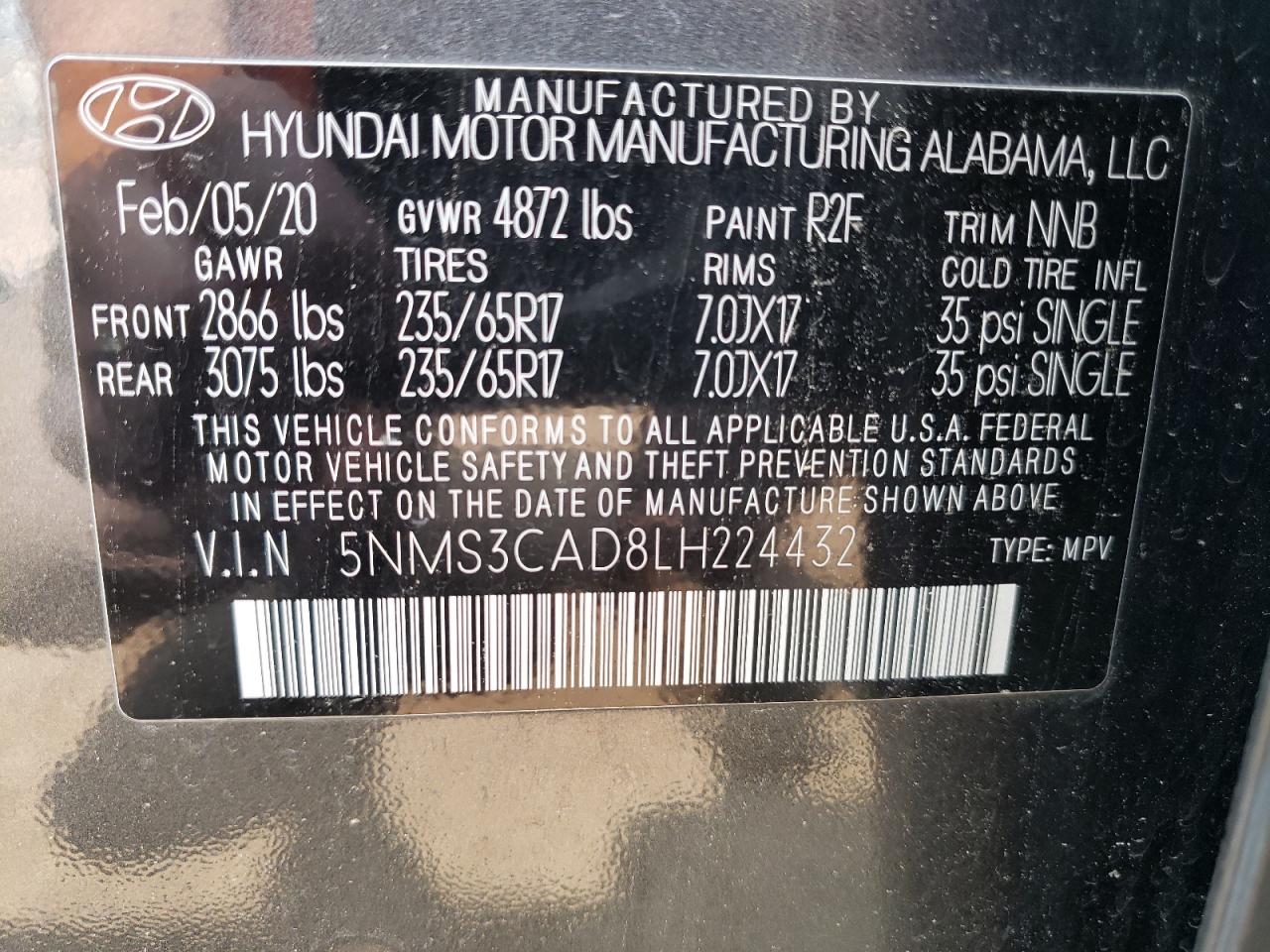 2020 Hyundai Santa Fe Sel VIN: 5NMS3CAD8LH224432 Lot: 64324344